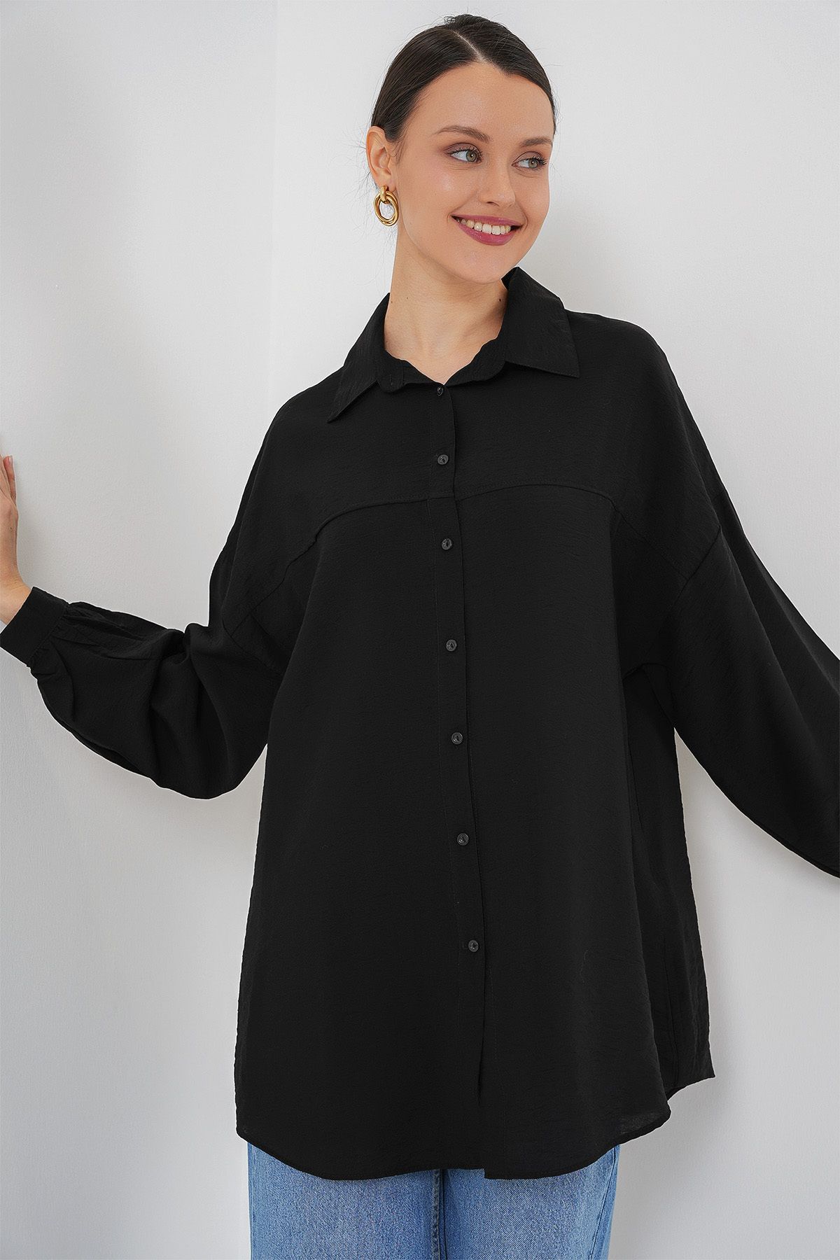 Bigdart-Γυναικείο Μακρύ Πουκάμισο Oversize 5965 - Μαύρο 3