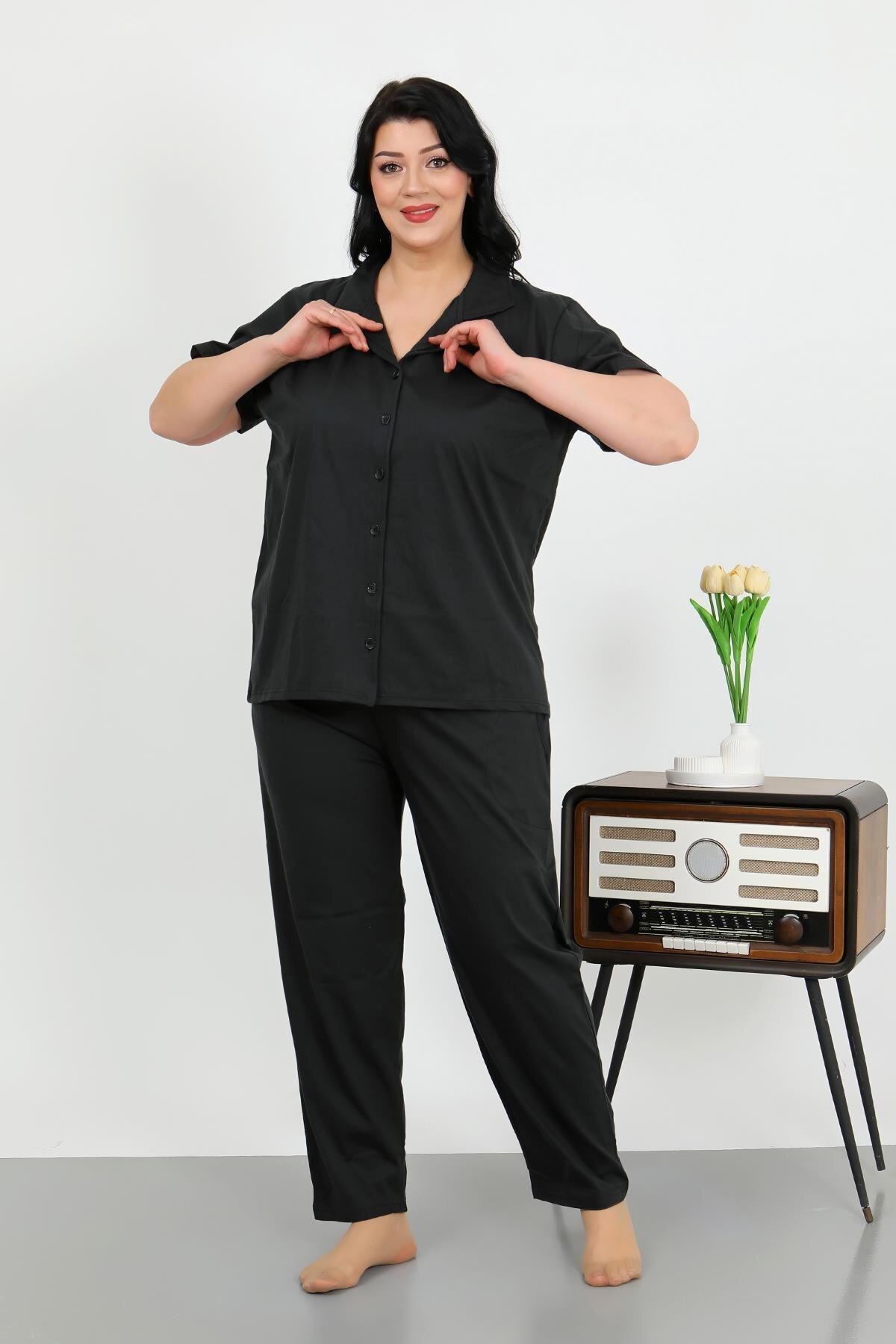 Akbeniz-Women's Plus Size Cotton Pocket Buttoned Black Pajama Suit 202507 5