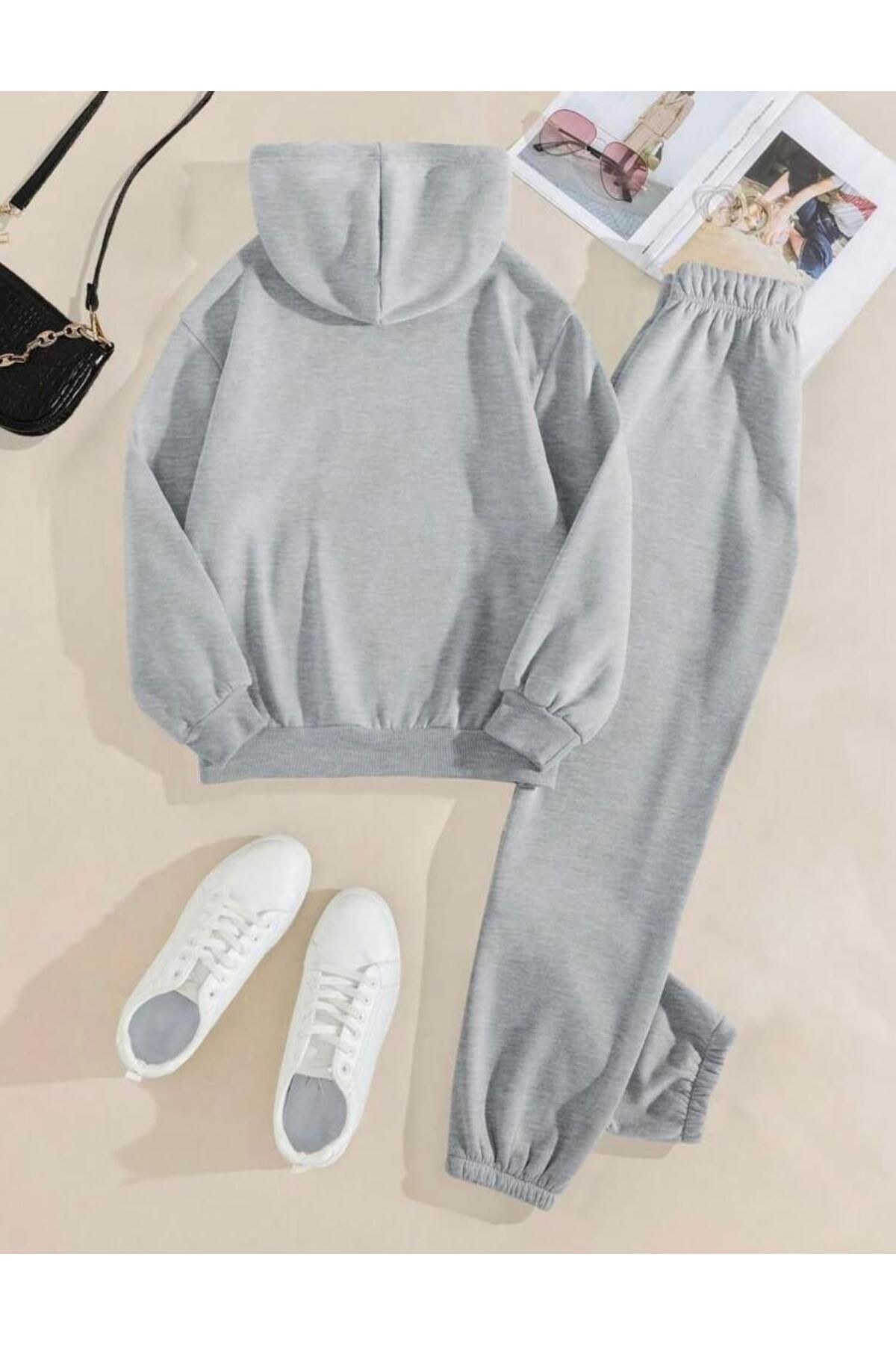 RPT MODA-Oversized Freedom Print Detail Hooded Kangaroo Pocket Double Set Tracksuit Bottom and Top 2