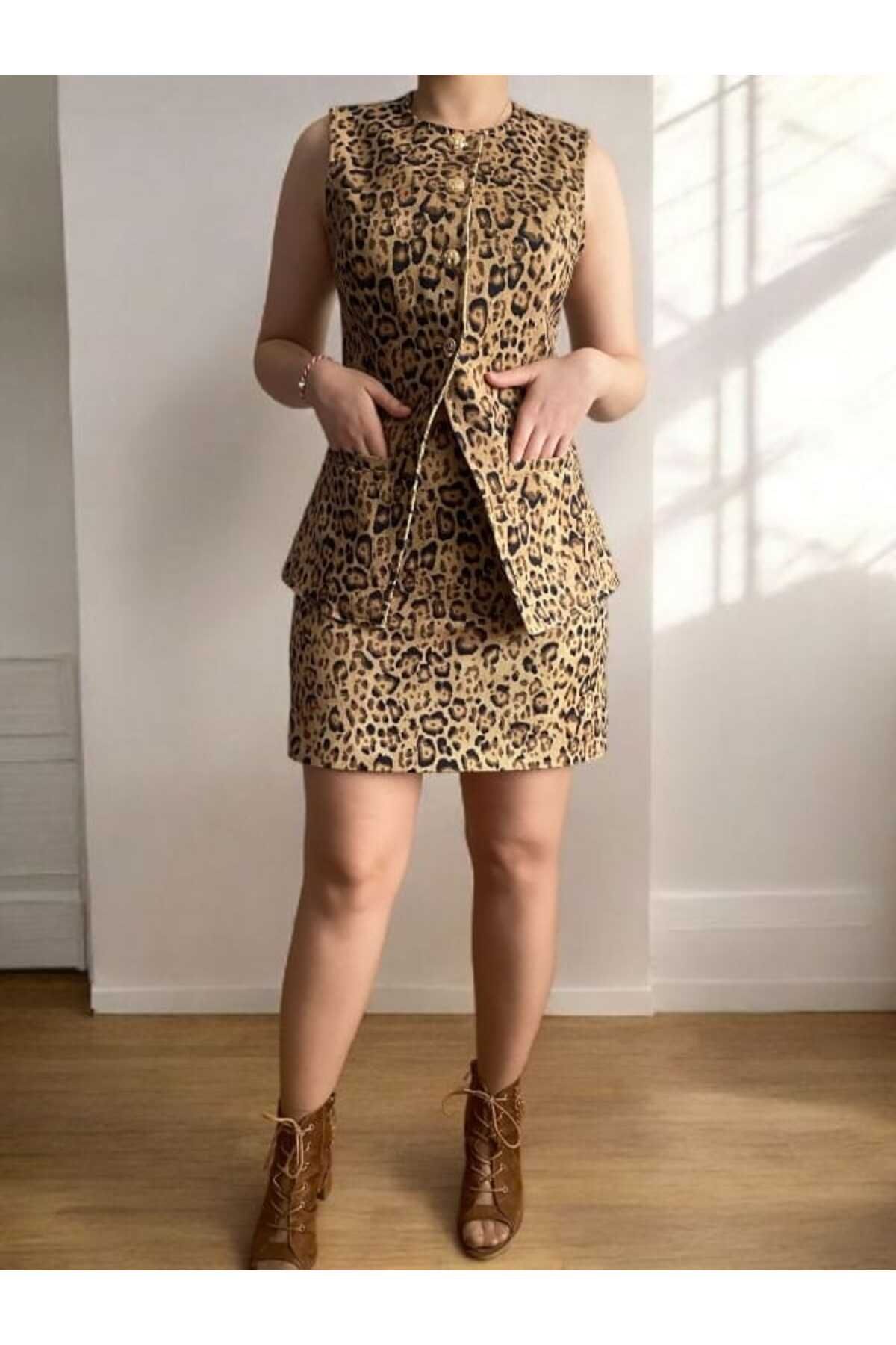FK PYNAPPEL-Design Leopard Gold Buttoned Vest & Mini Skirt Set 7