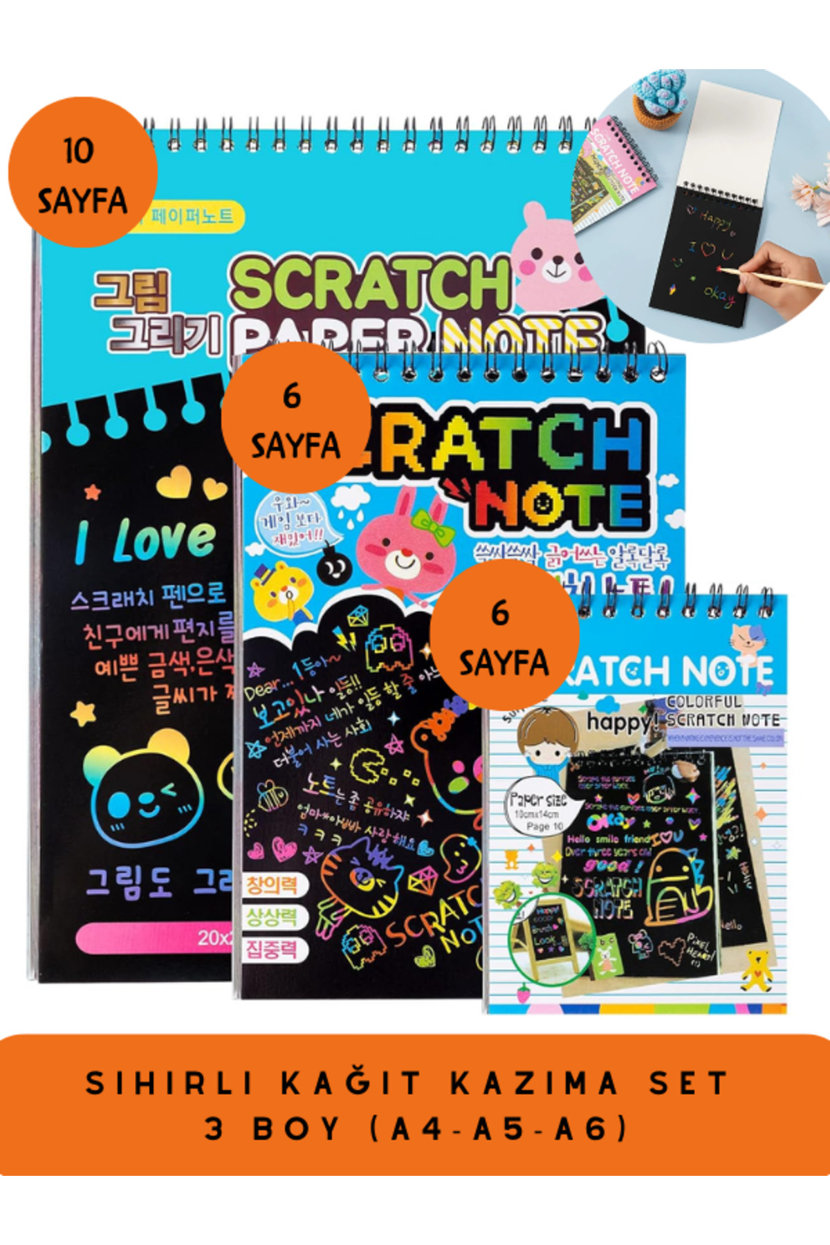 ALLStore Rainbow Sihirli Gökkuşağı Kazımalı Kağıt Siyah Kağıt Defter 3 'LÜ SET (A5-A4-A6)