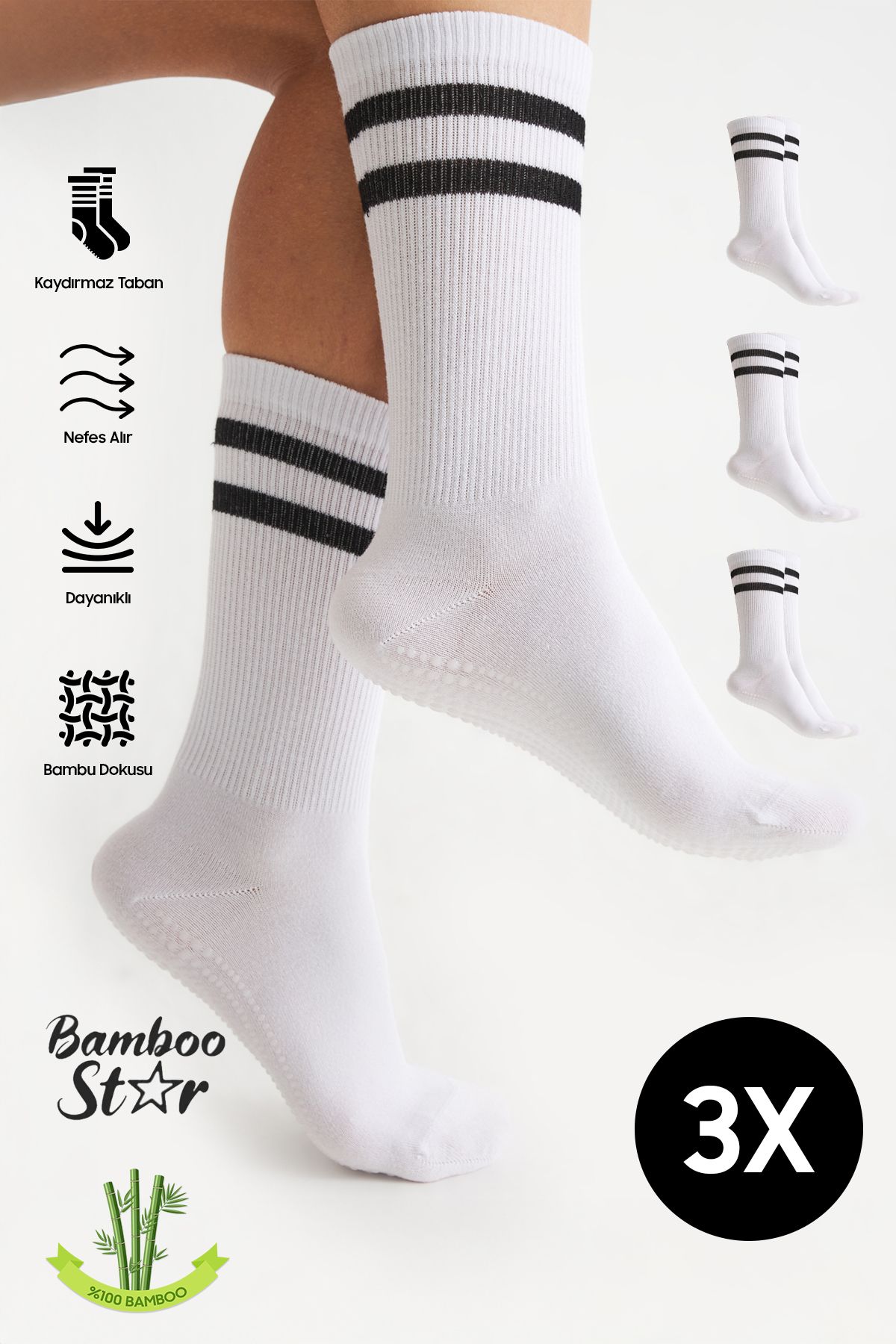 bamboo star Bambus Pentru Femei, Albă, Talpă Anti-alunecare, Imprimare Din Silicon, Yoga, Fitness, Pilates, Balet, Dans, Tenis, Șosete, Pachet De 3