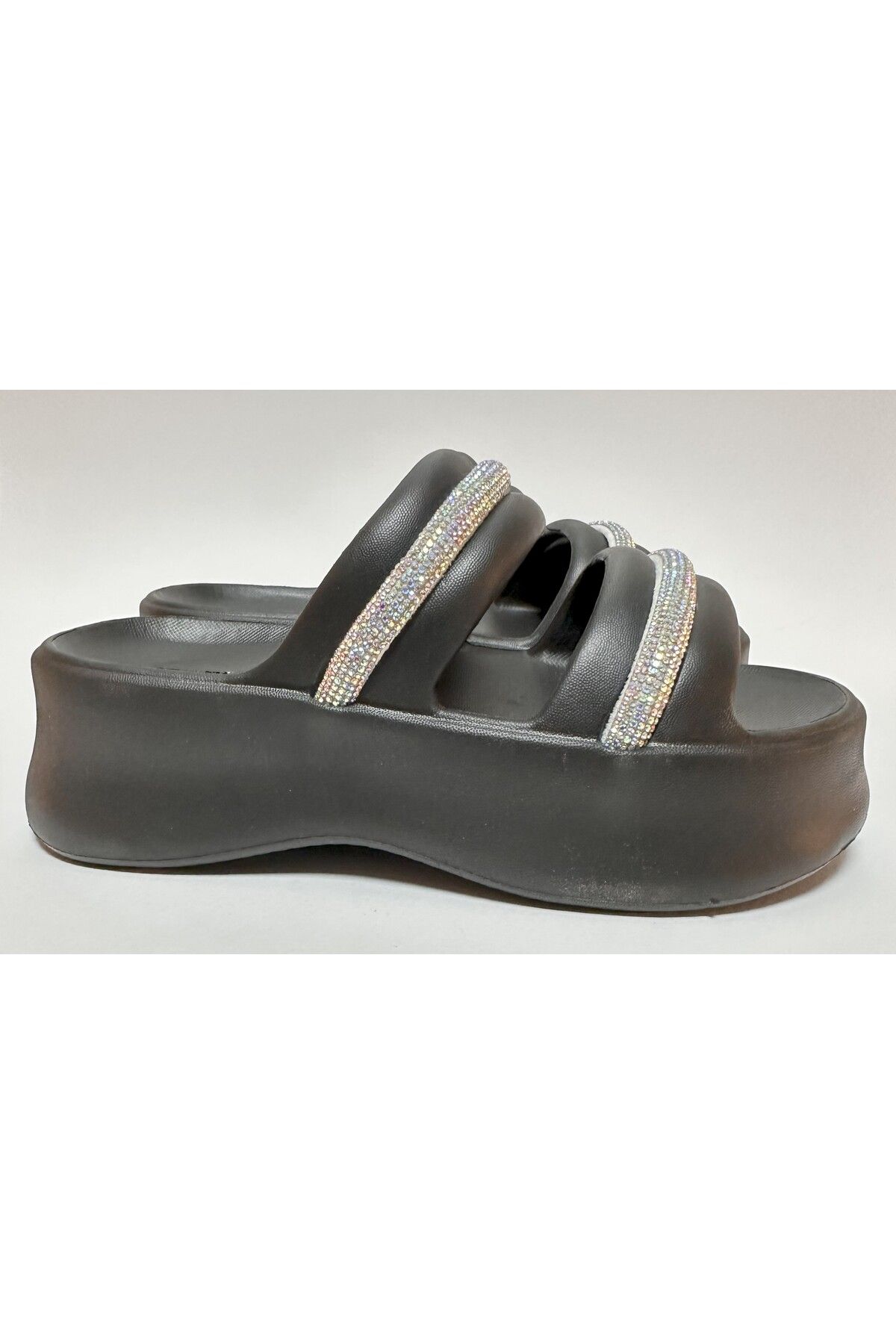 AkınalBella-Eva Black Double Banded Strip Stone Detail Platform Heel Comfortable and Lightweight Women's Daily Home Street Slippers 6