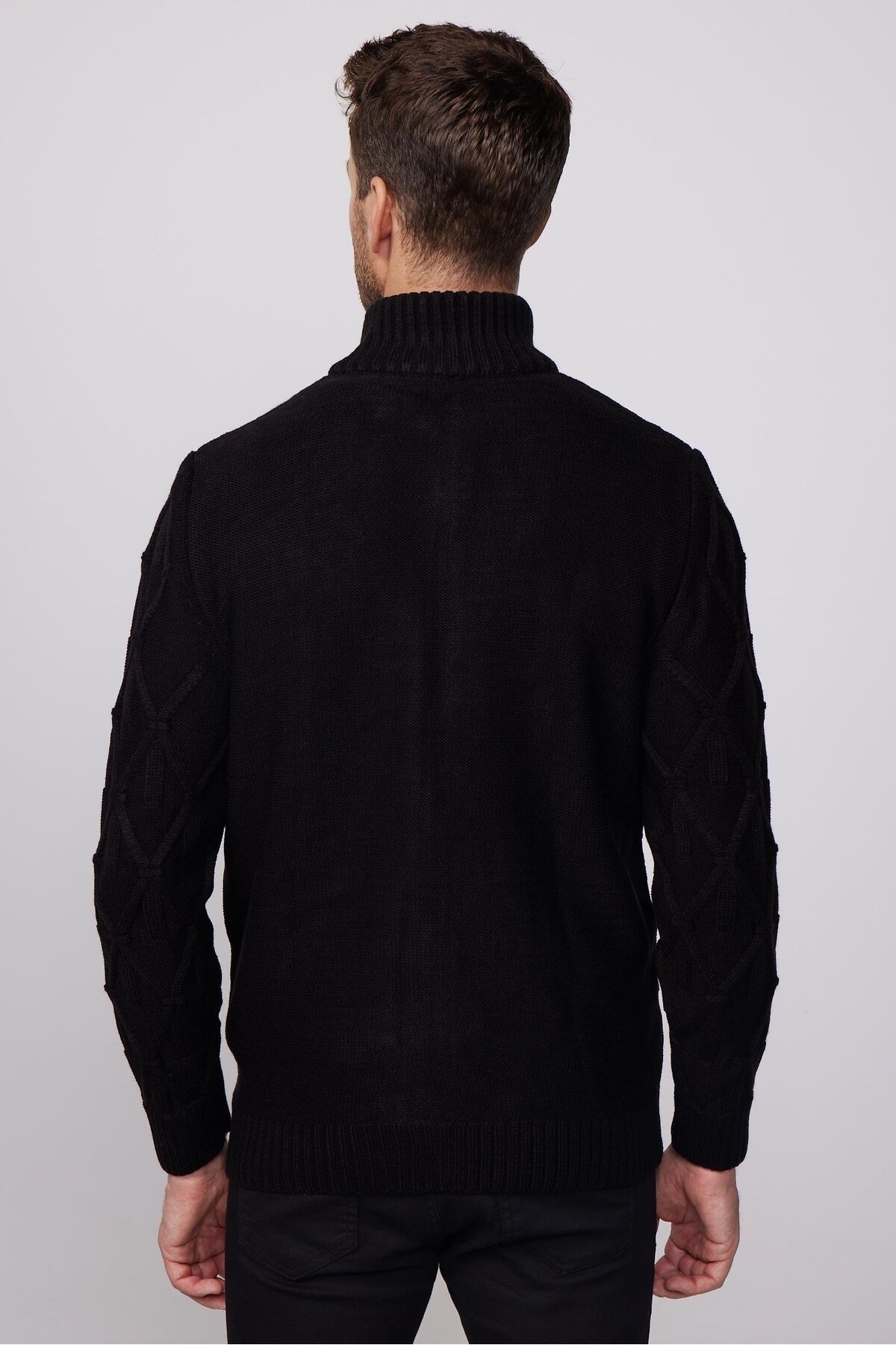 Tudors Erkek Slim Fit Desenli Dik Yaka Fermuarlı Siyah Hırka görsel 5