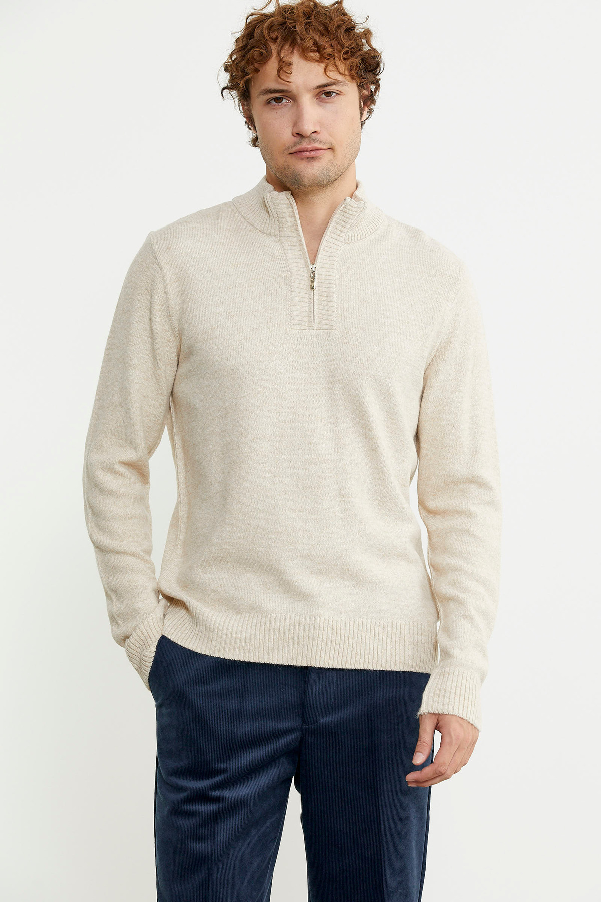 Sementa Stone Colored Stand Collar Half Zipper Knitwear Sweater