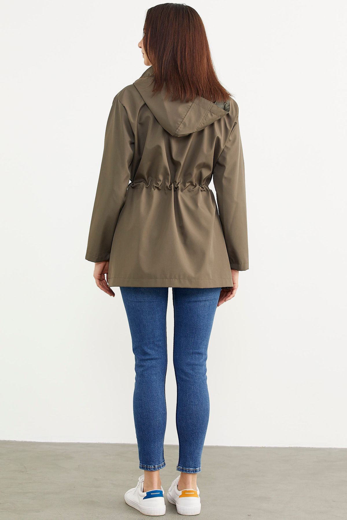 Sementa-Plus Size Drawstring Waist Hooded Trench Coat - Khaki 6