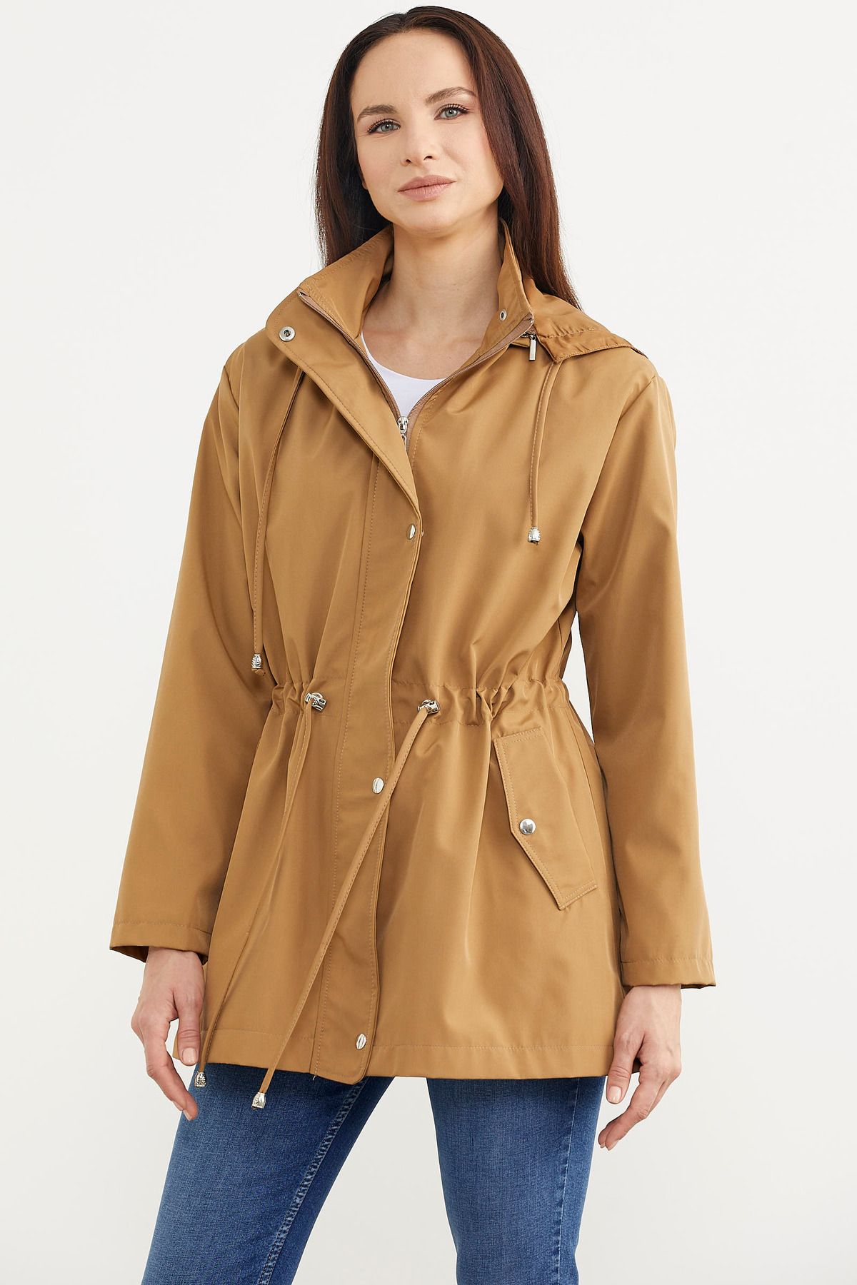Sementa-Plus Size Drawstring Waist Hooded Trench Coat - Mink 4