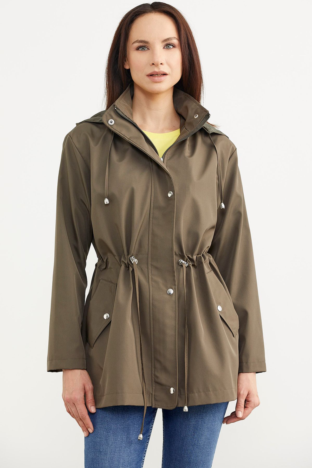 Sementa-Plus Size Drawstring Waist Hooded Trench Coat - Khaki 1