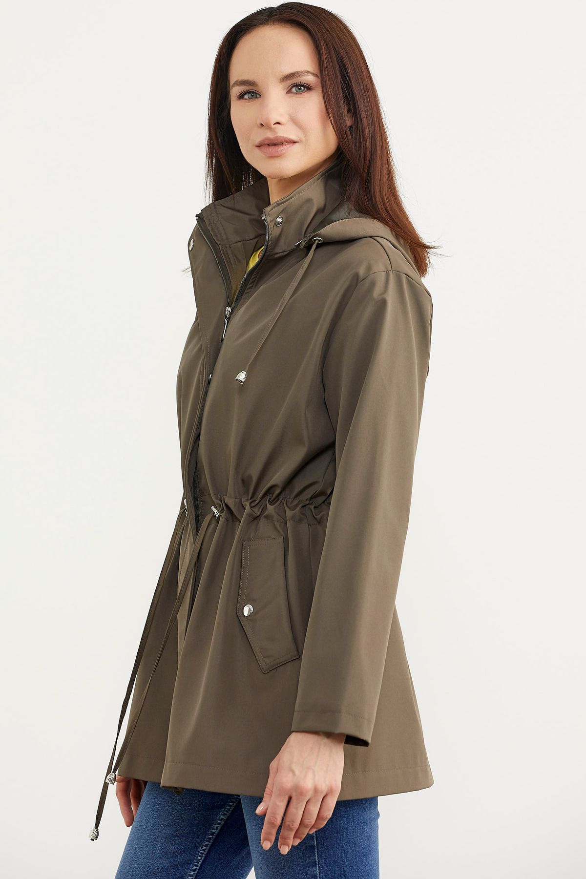 Sementa-Plus Size Drawstring Waist Hooded Trench Coat - Khaki 3