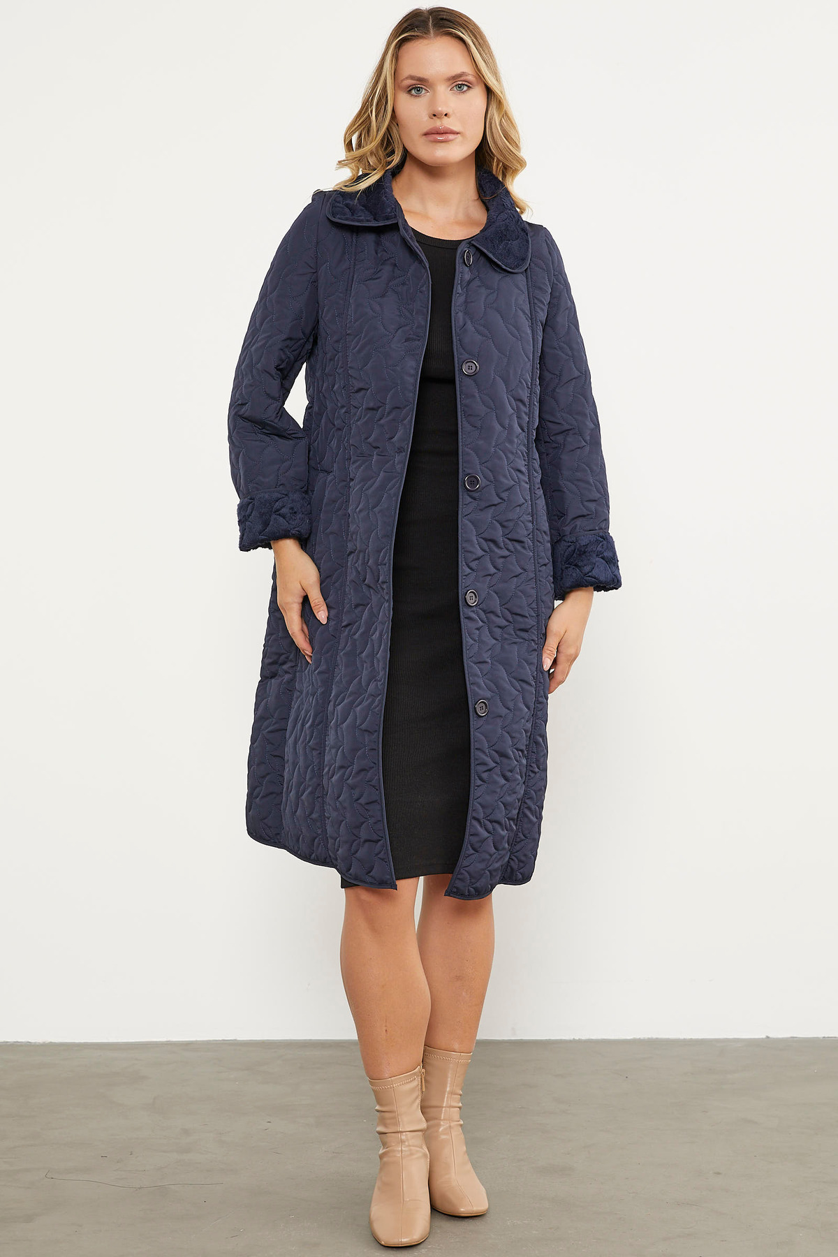 Sementa  İçi Tamamen Pelüş Kapitone Uzun Kaban - Lacivert - Görsel 2