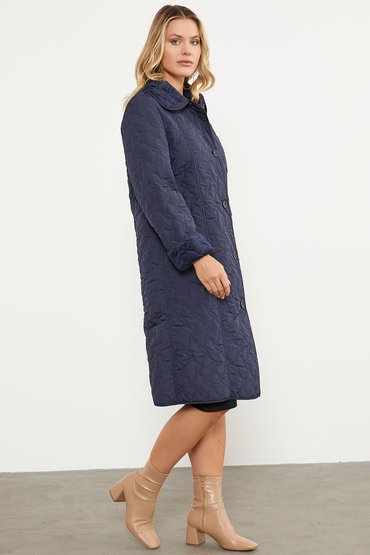 Sementa  İçi Tamamen Pelüş Kapitone Uzun Kaban - Lacivert - Görsel 6