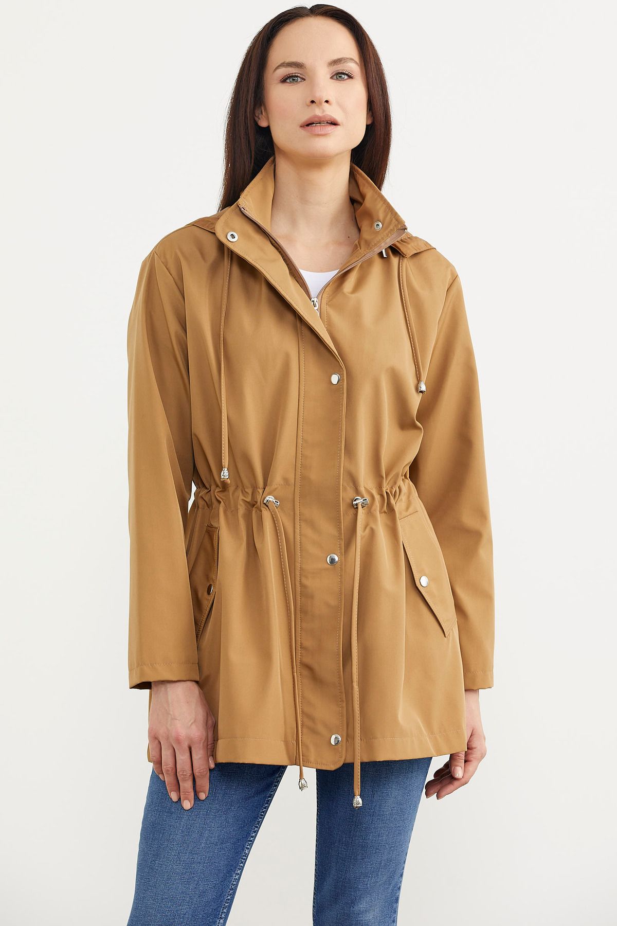 Sementa-Plus Size Drawstring Waist Hooded Trench Coat - Mink 2