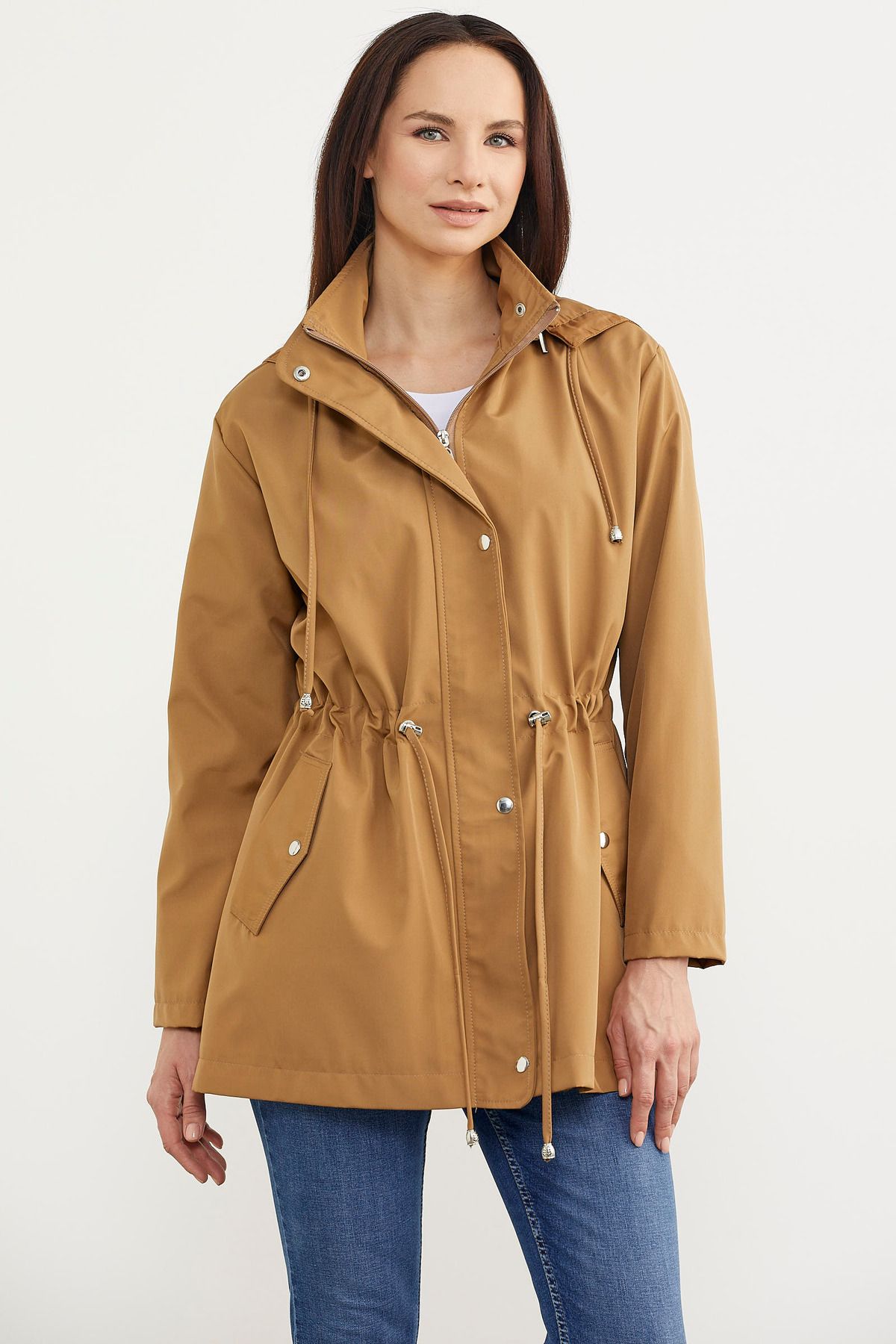 Sementa-Plus Size Drawstring Waist Hooded Trench Coat - Mink 3