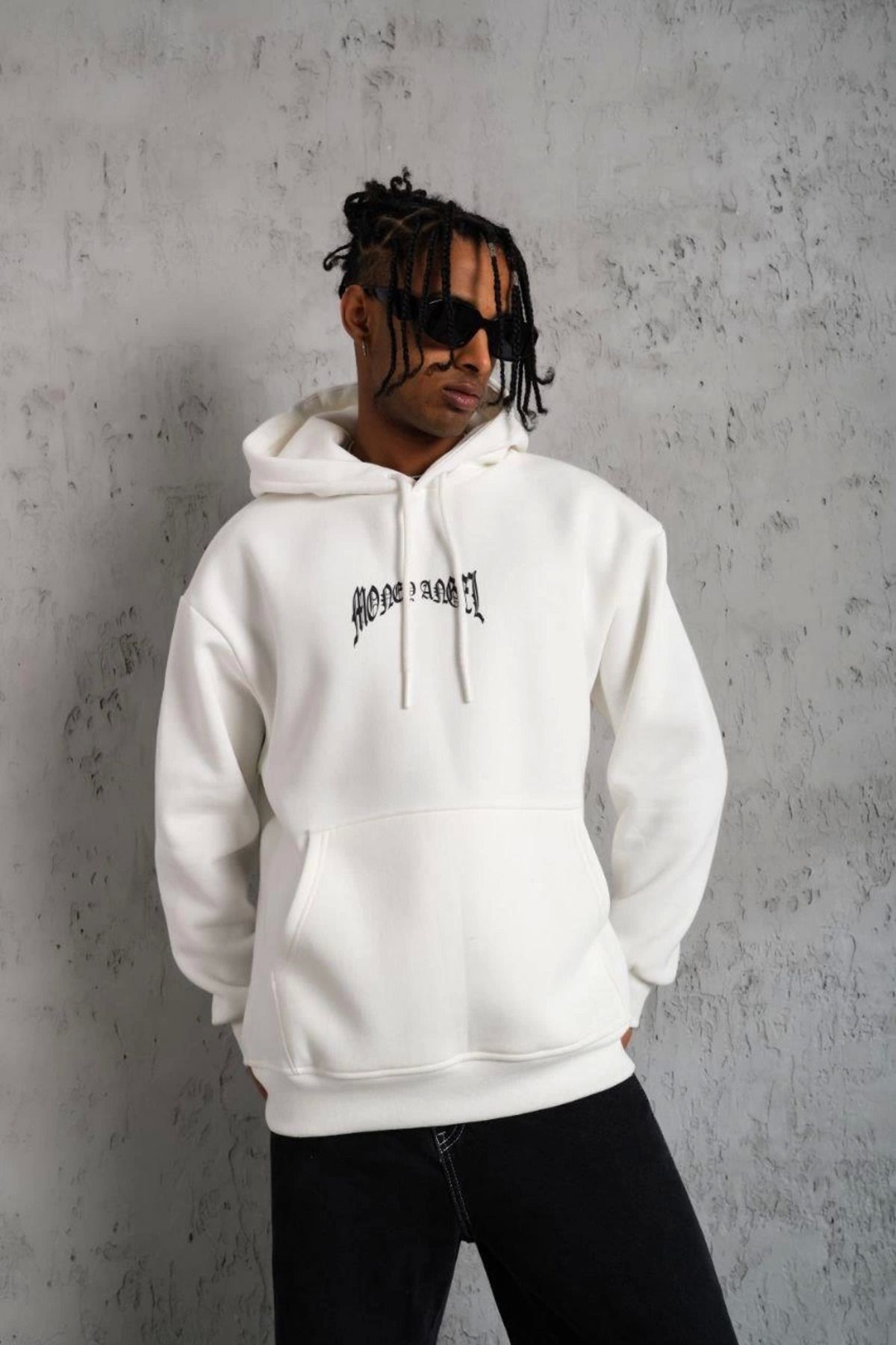 Pink Stil Erkek Kordon İpli Baskılı Kapüşonlu Sweatshirt - Beyaz Pink Stil