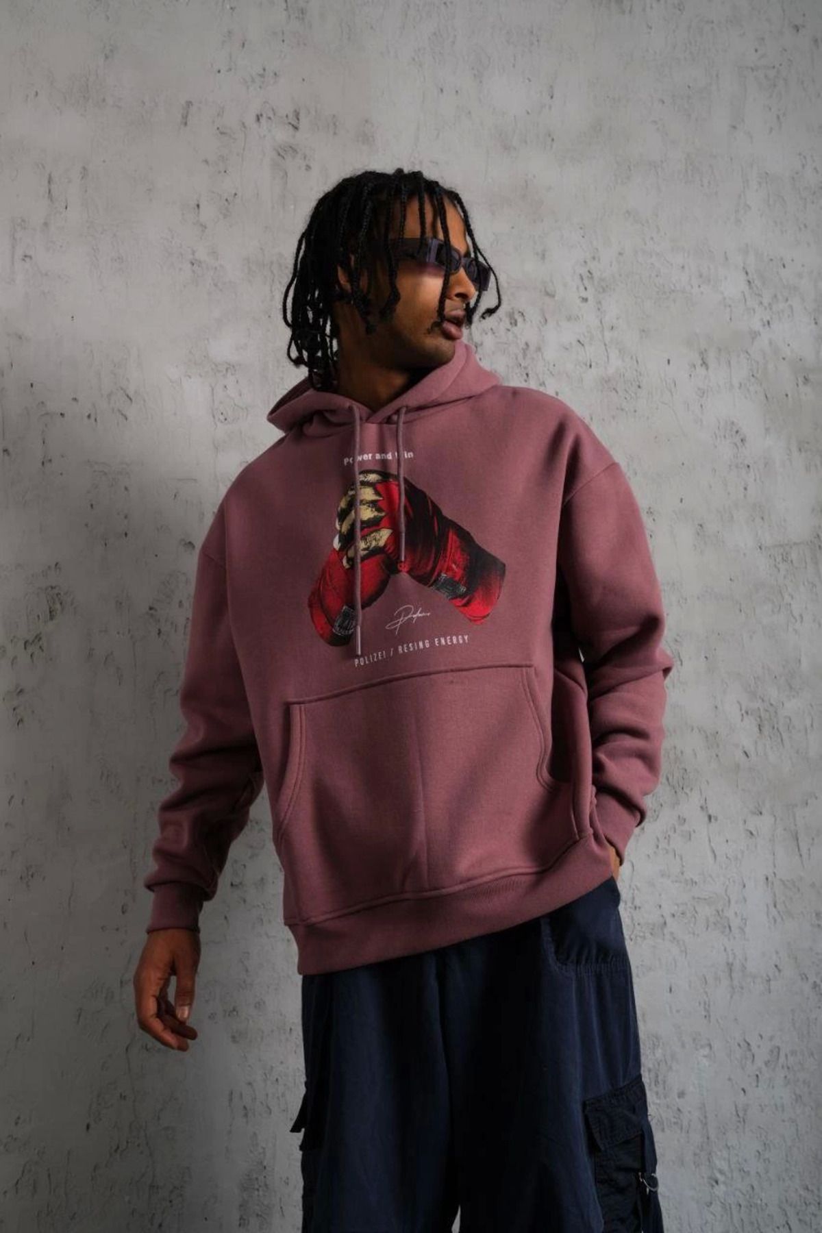 Pink Stil Erkek Eldiven Baskılı Kapüşonlu Sweat - Gül Kurusu Pink Stil