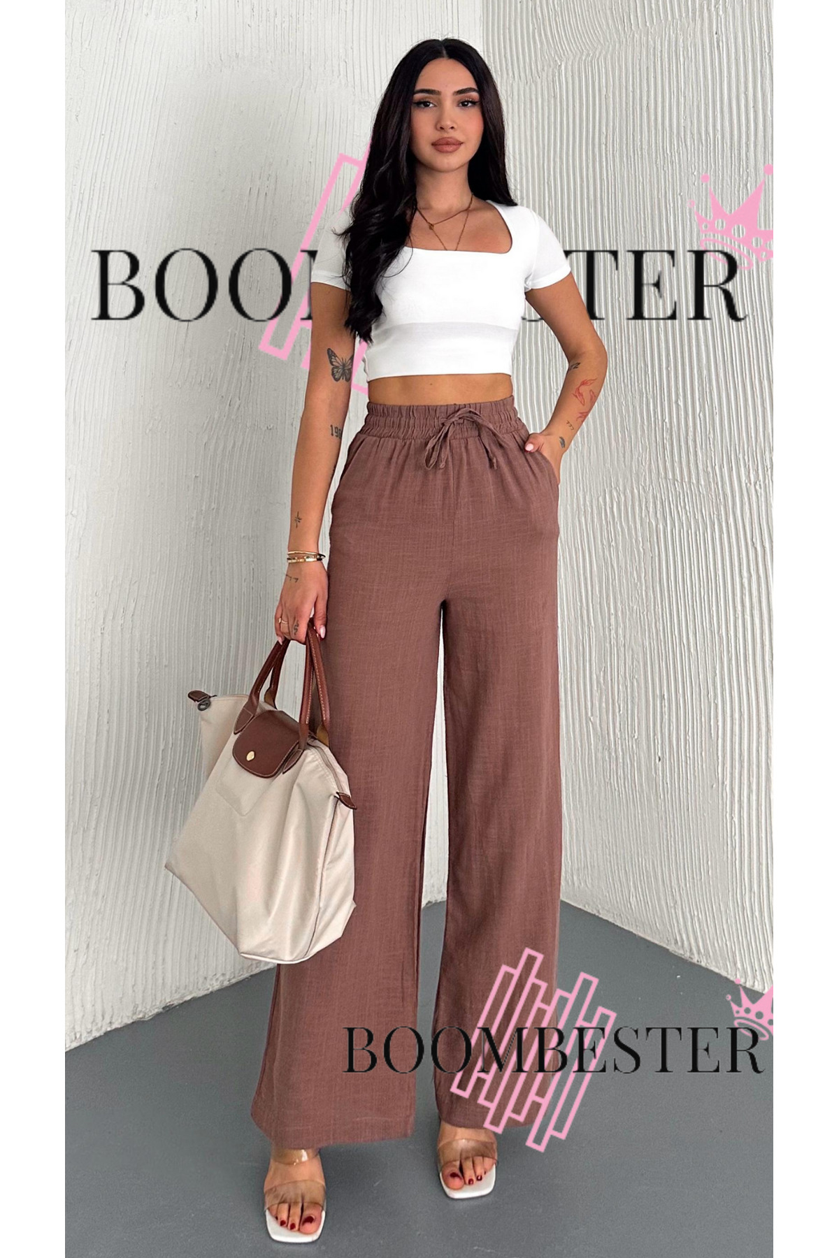 Women's Flax Elastic Waist Palazzo Trousers - Lined Comfortable Cut Wide Leg Summer Palazzo