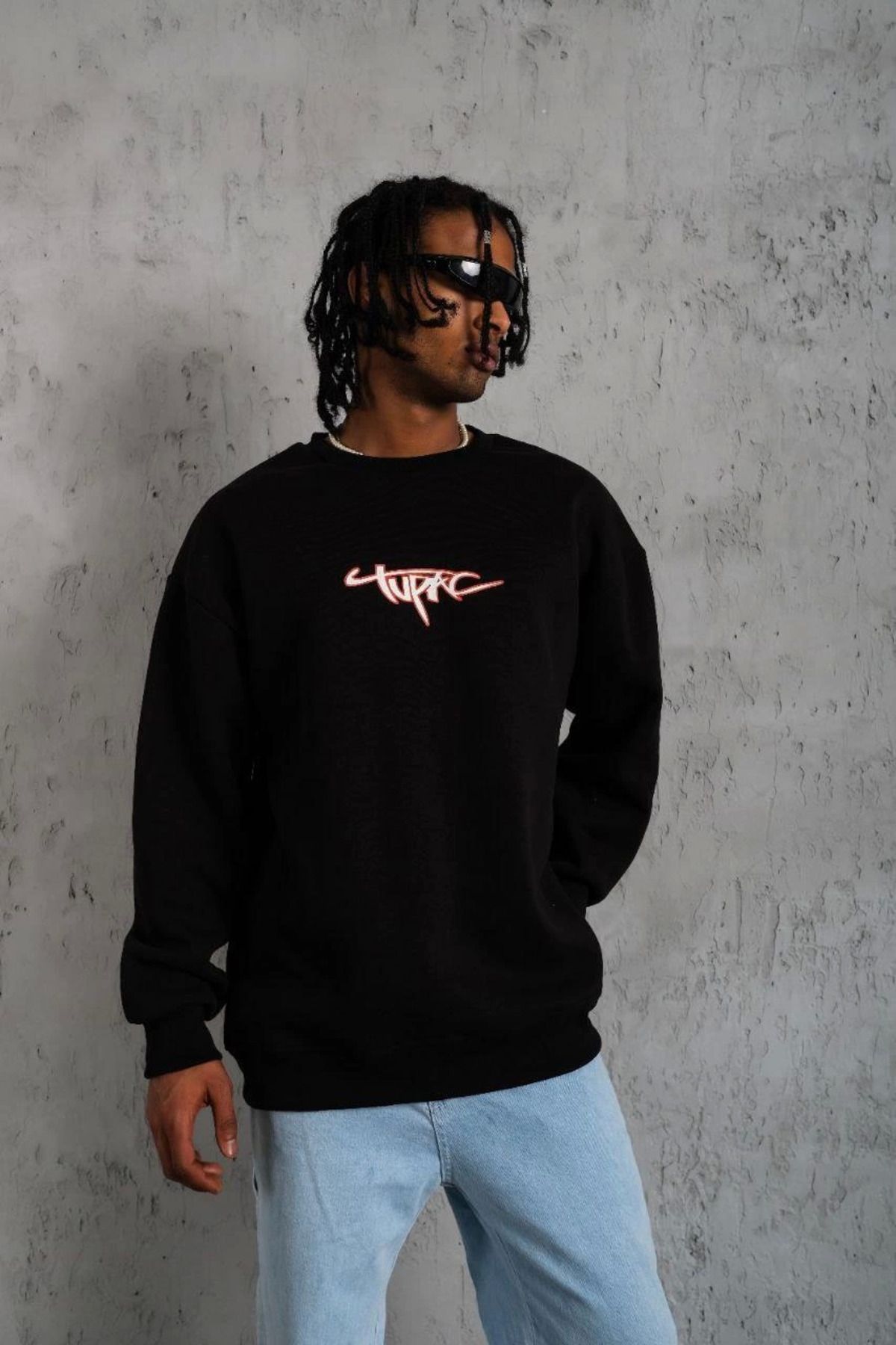 Pink Stil Erkek 3 İplik Gangster Baskılı Sweatshirt - Siyah Pink Stil