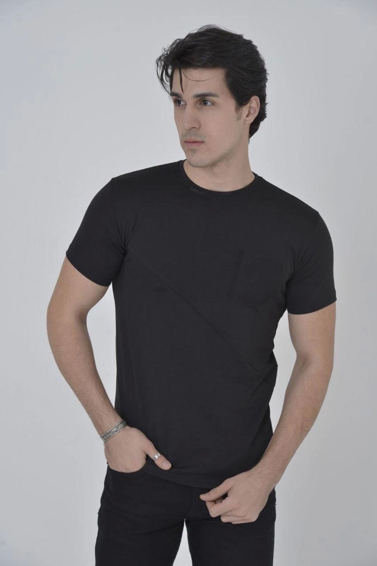 Pink Stil Erkek File Cepli Slim fit T-shirt - Siyah Pink Stil