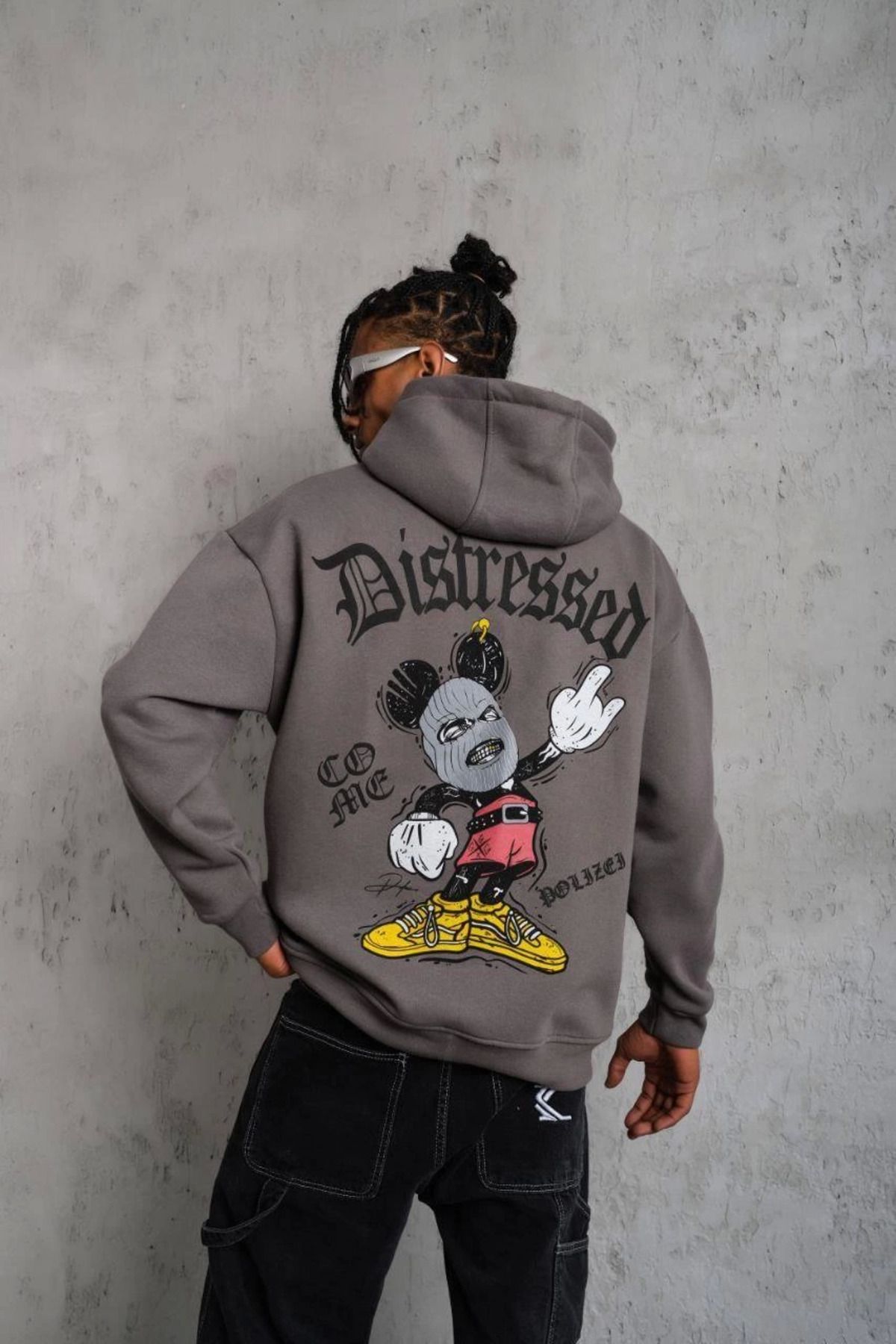 Pink Stil Erkek Üç İplik Baskılı Kapüşonlu Sweat - Gri Pink Stil