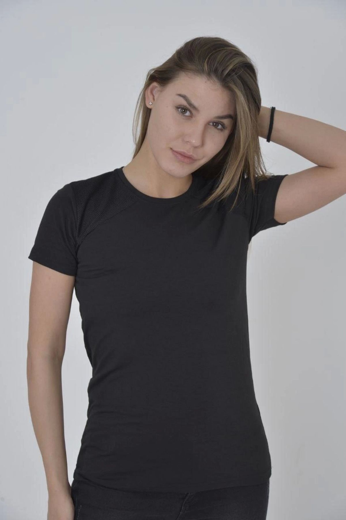 Pink Stil Kadın Omuz Fileli Slim Fit T-shirt - Siyah Pink Stil