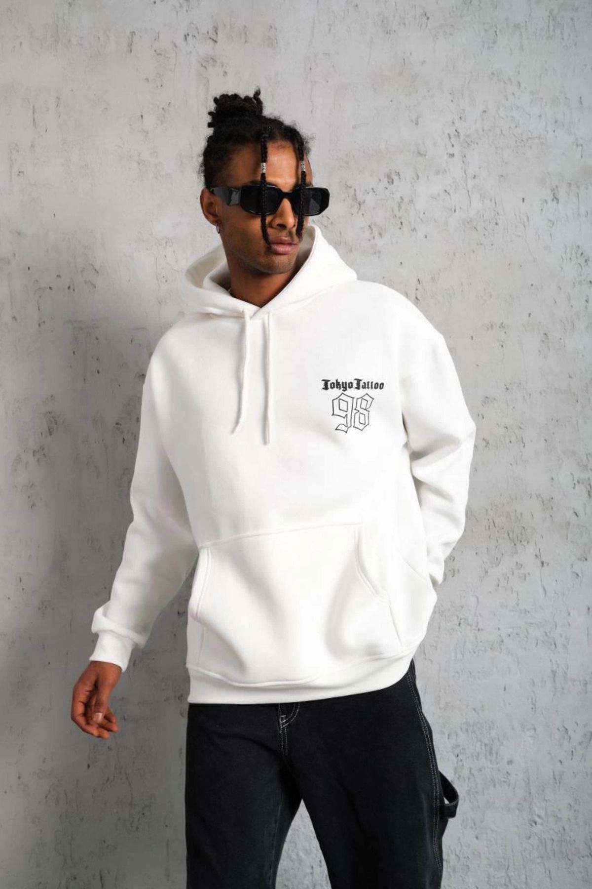 Pink Stil Erkek 98 Baskılı Kapşonlu Sweat - Beyaz Pink Stil