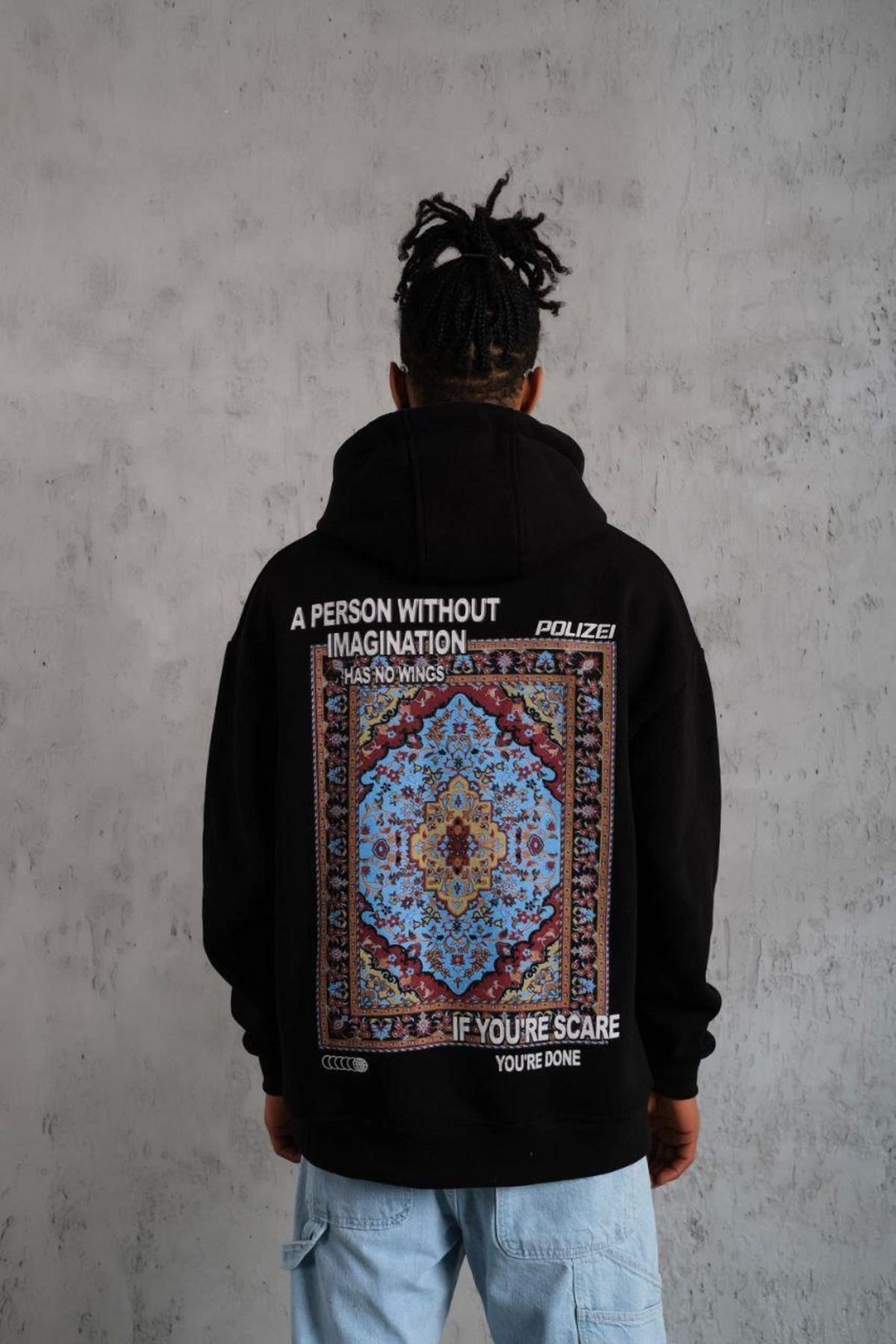 Pink Stil Erkek Kilim Desen Kapüşonlu - Siyah Pink Stil