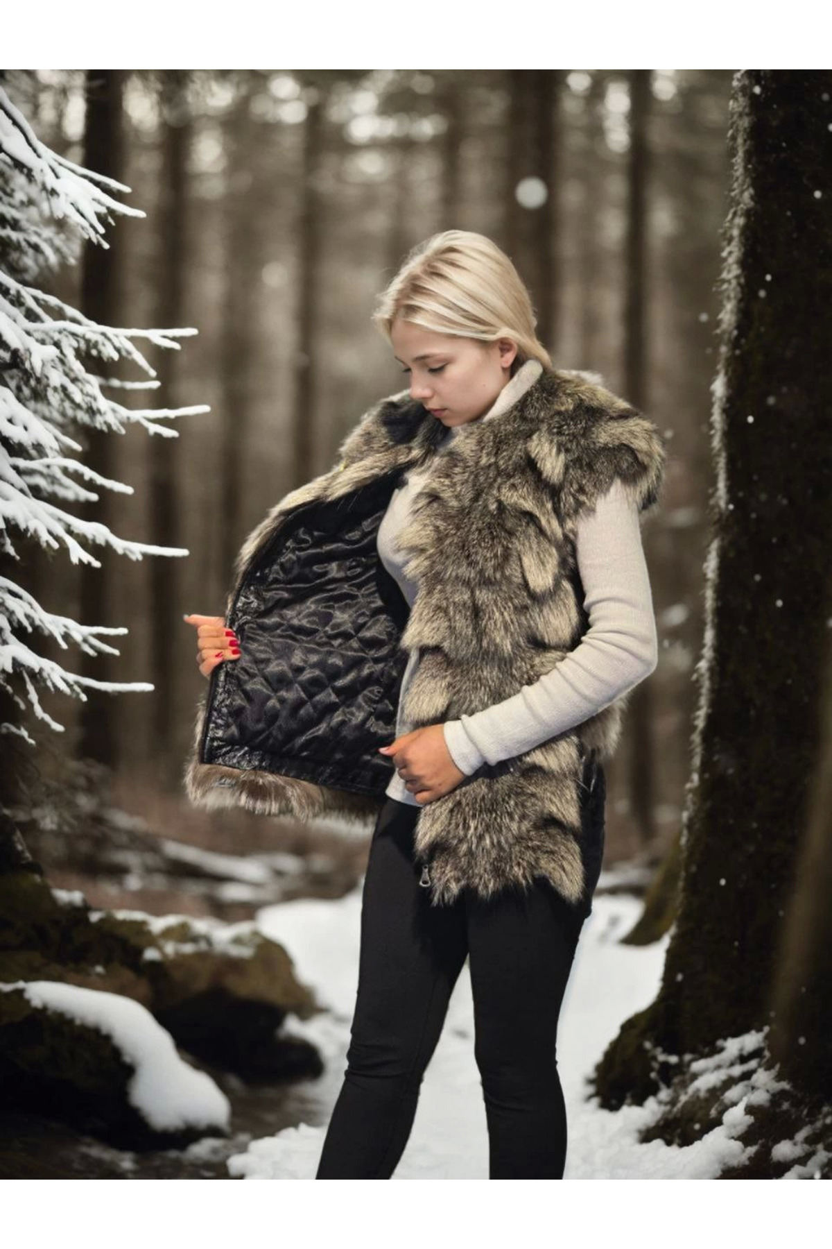 Megstill Kadın Kolsuz Hakiki Deri Kürk - Siyah