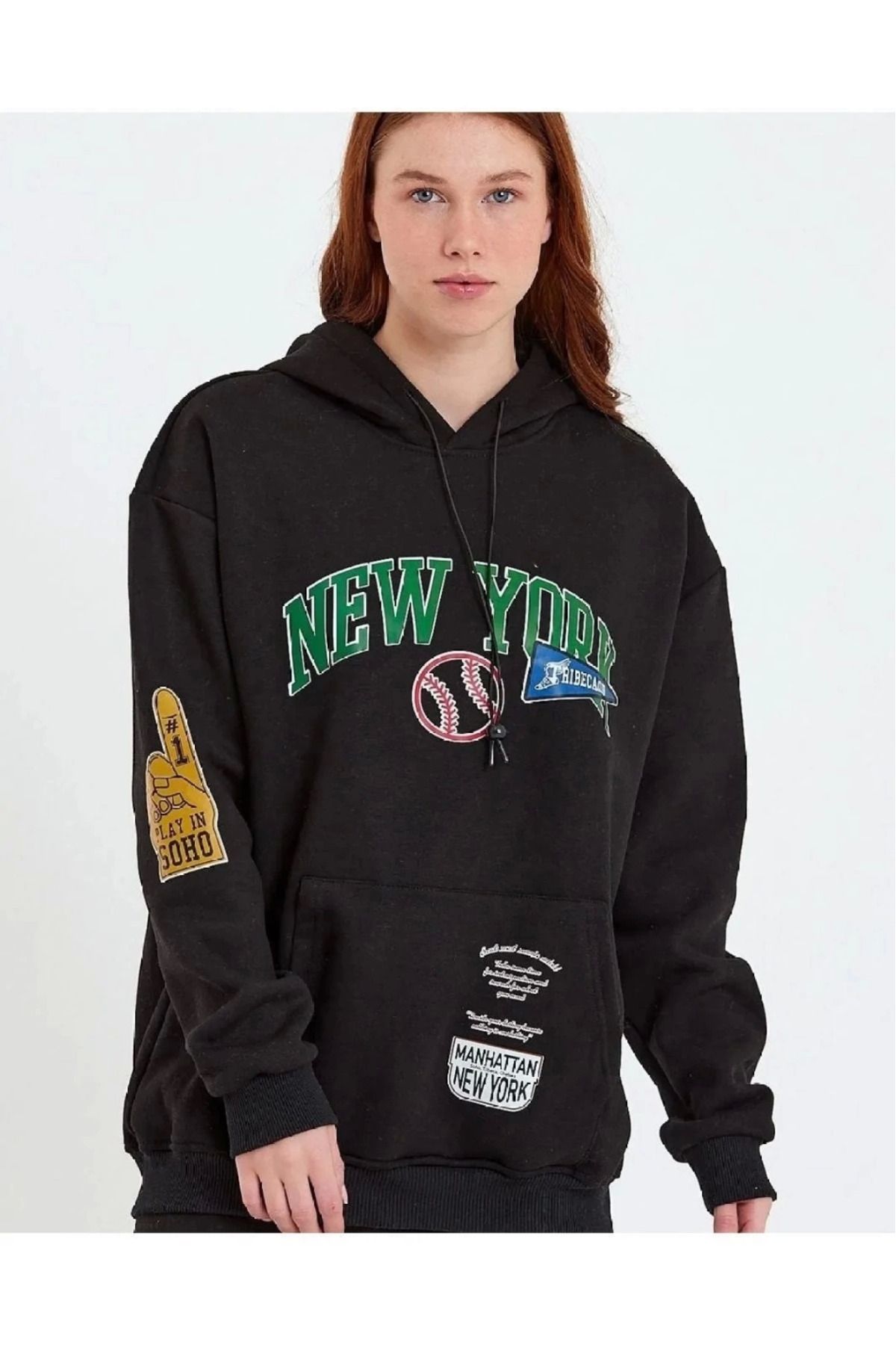 Vemora Kadın Baskılı Kapüşonlu Sweatshirt - Siyah