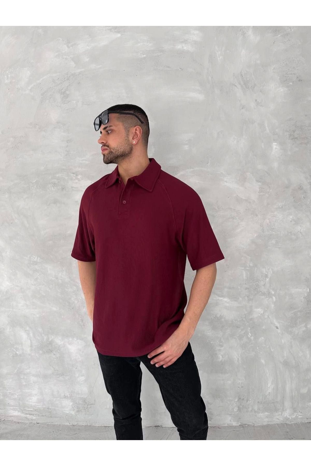 Pink Stil Yakalı Patlı Kısa Kol T-shirt - Bordo Pink Stil