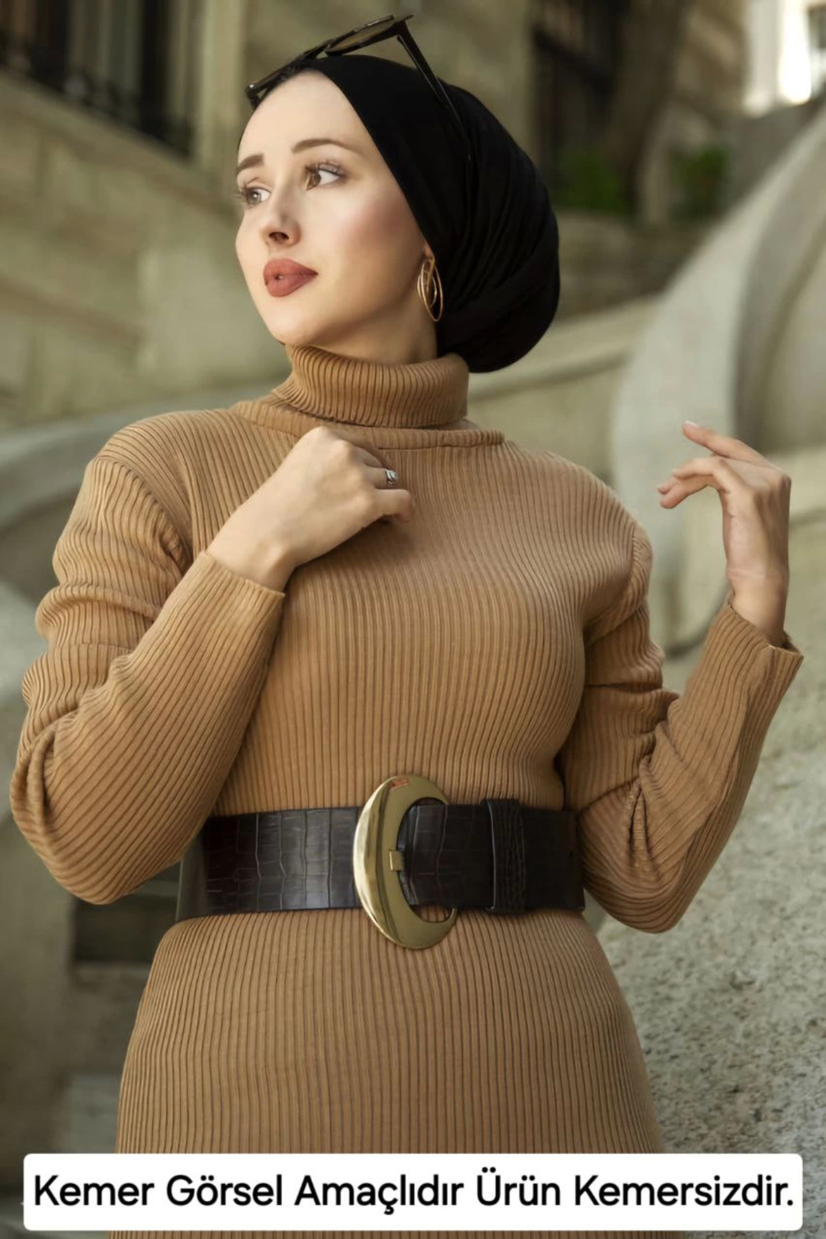 LUMİART  Kadın Boğazlı Uzun Fitilli Triko Dokuma Elbise - Kahverengi - Görsel 3