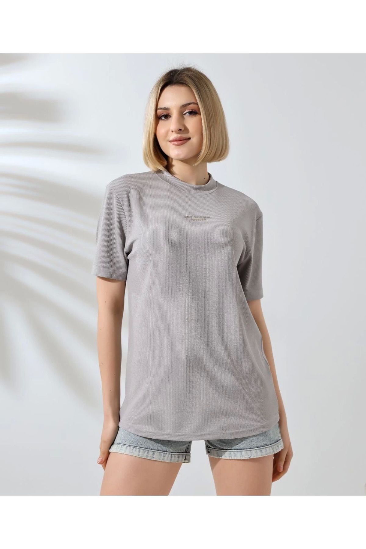Vemora Unisex Bisiklet Yaka Baskılı Slim Fit T-Shirt - Boyalı Gri
