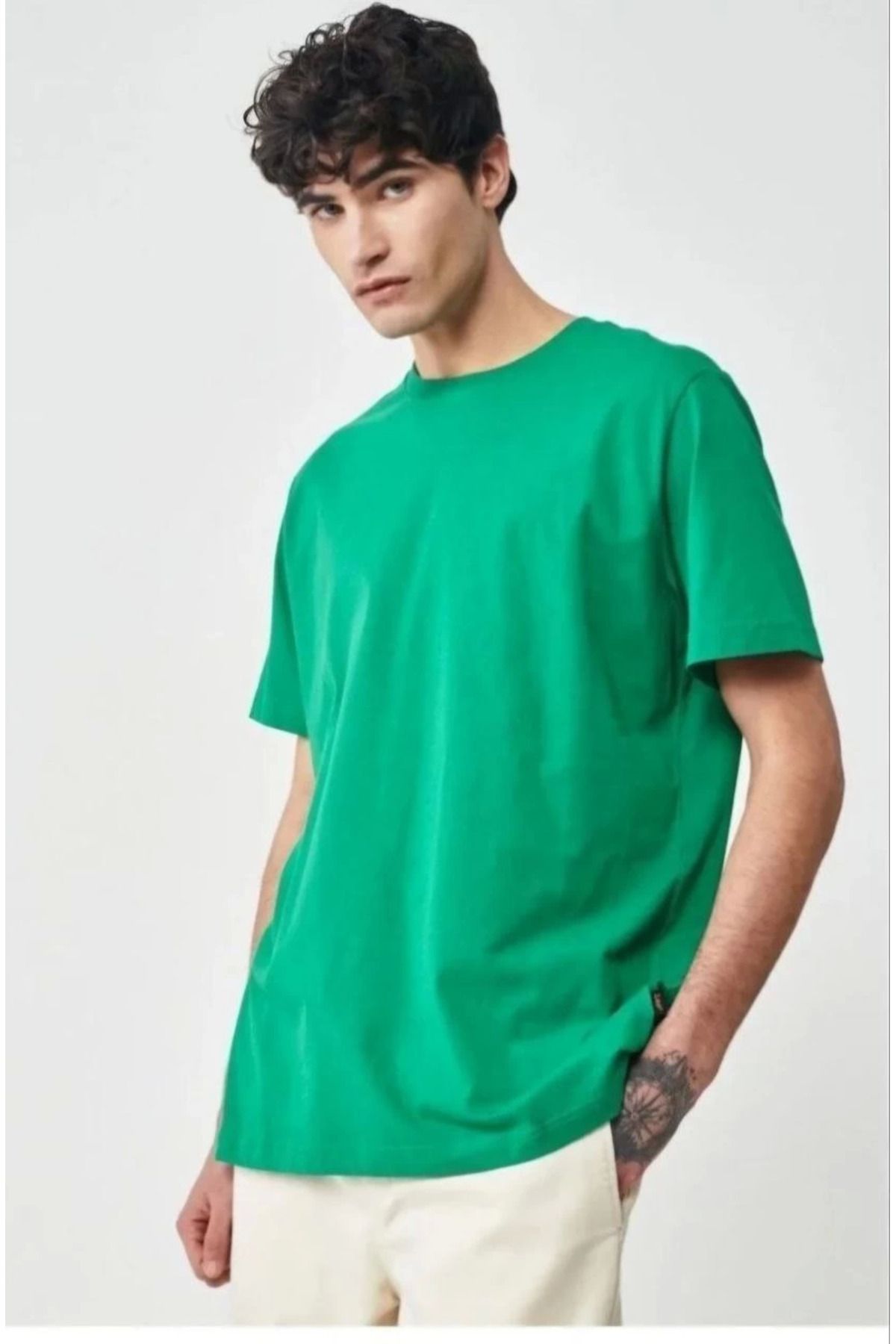 Pink Stil Erkek 24/1 Düz A Kalite Oversize T-shirt - Yeşil Pink Stil