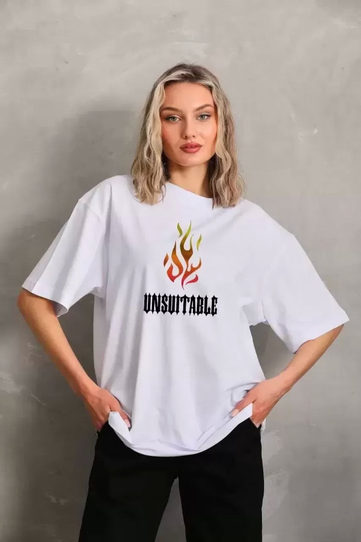 Vemora Unisex Bisiklet Yaka Baskılı Oversize T-Shirt - Beyaz