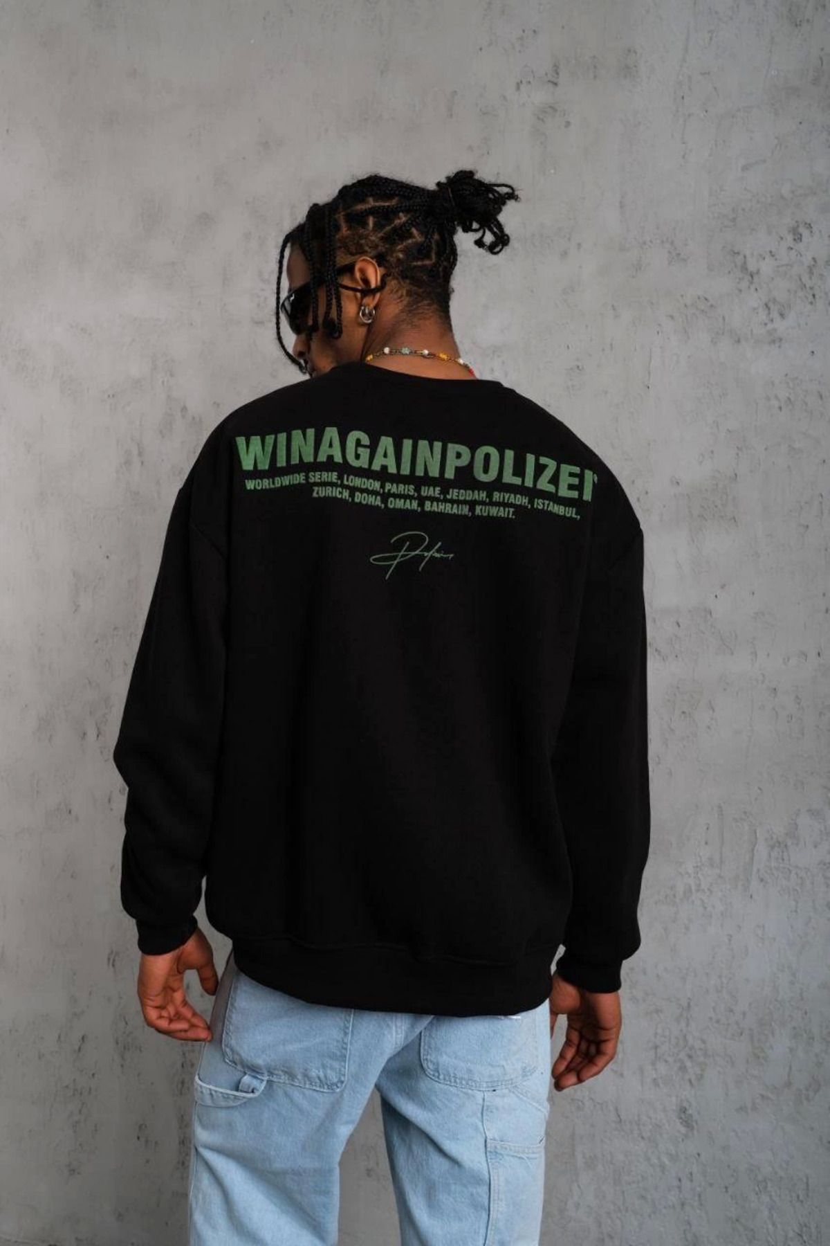 Pink Stil Erkek Baskılı Sweat - Siyah Pink Stil