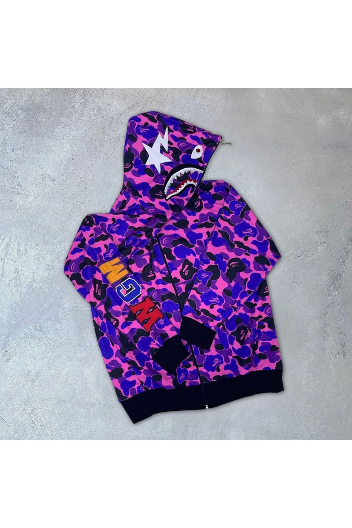 Pink Stil İki İplik Zıp Fermuarlı Nakışlı Kapüşonlu Hırka - Mor Pink Stil