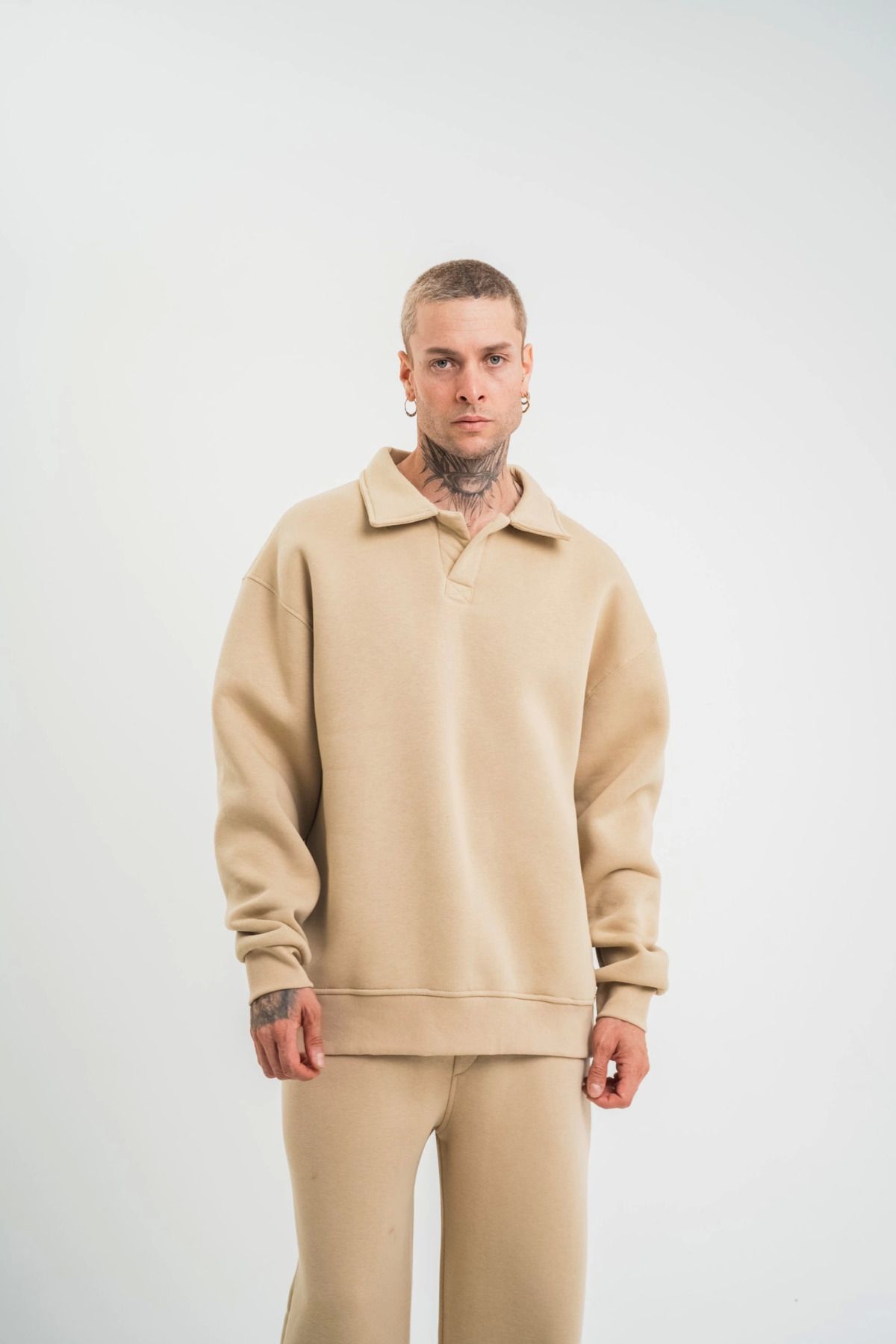 Pink Stil Unisex Double Oversize Patlı Yaka SweatShirt - Bej Pink Stil
