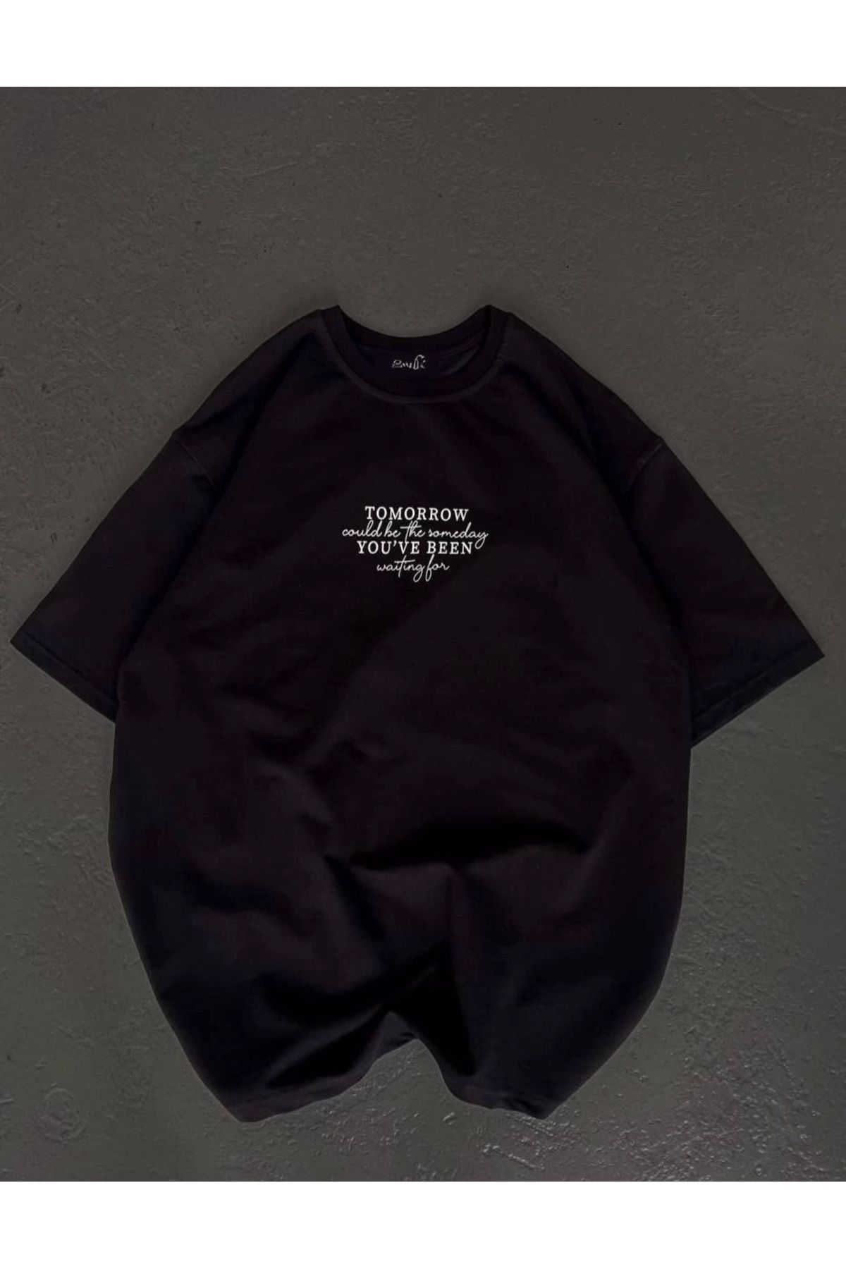 Vemora Unisex Bisiklet Yaka Baskılı Oversize T-Shirt - Siyah