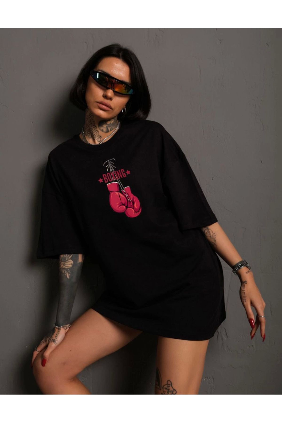 Vemora Unisex Bisiklet Yaka Baskılı Oversize T-Shirt - Siyah