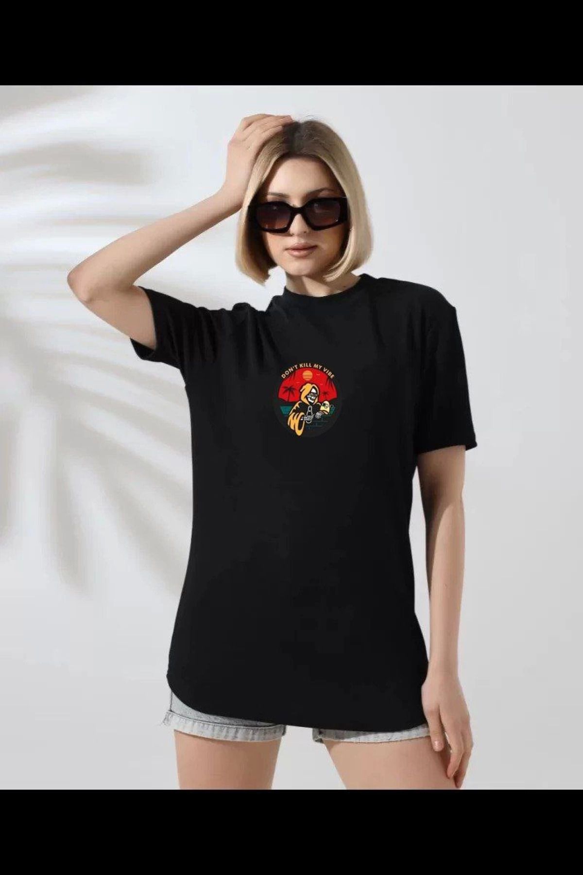 Pink Stil Unisex Kadın Bisiklet Yaka Baskılı T-Shirt - Siyah Pink Stil