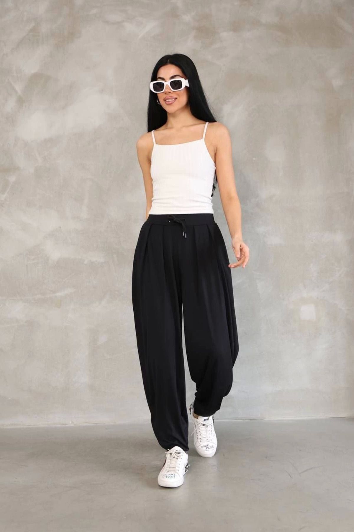 Pink Stil Osy Modal Yumuşak Dokulu Kumaş Şalvar Pantalon - Siyah