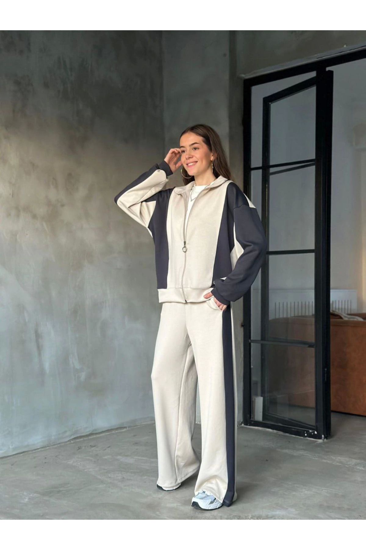 Pink Stil Osy Modal Yumuşak Dokulu Kumaş Kapüşonlu Fermuarlı Takım - Bej