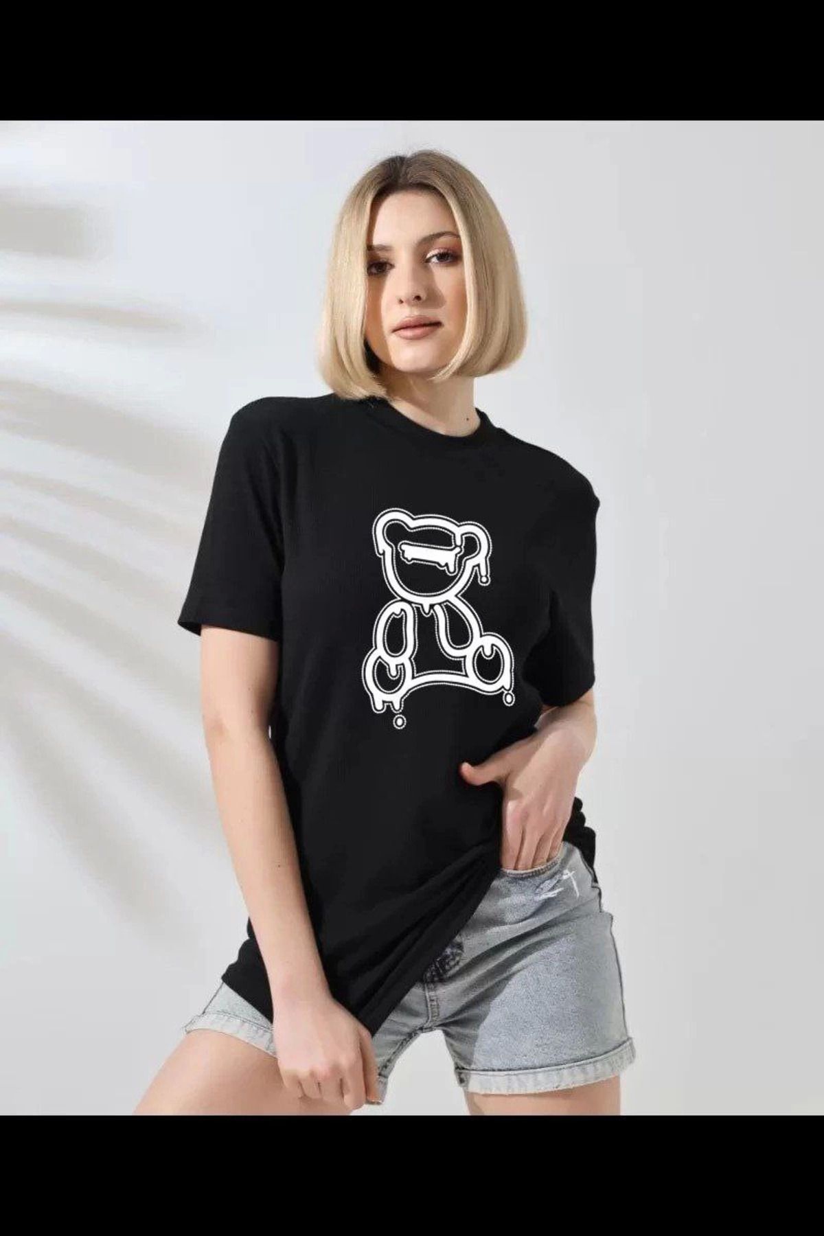 Pink Stil Unisex Kadın Bisiklet Yaka Baskılı T-Shirt - Siyah Pink Stil