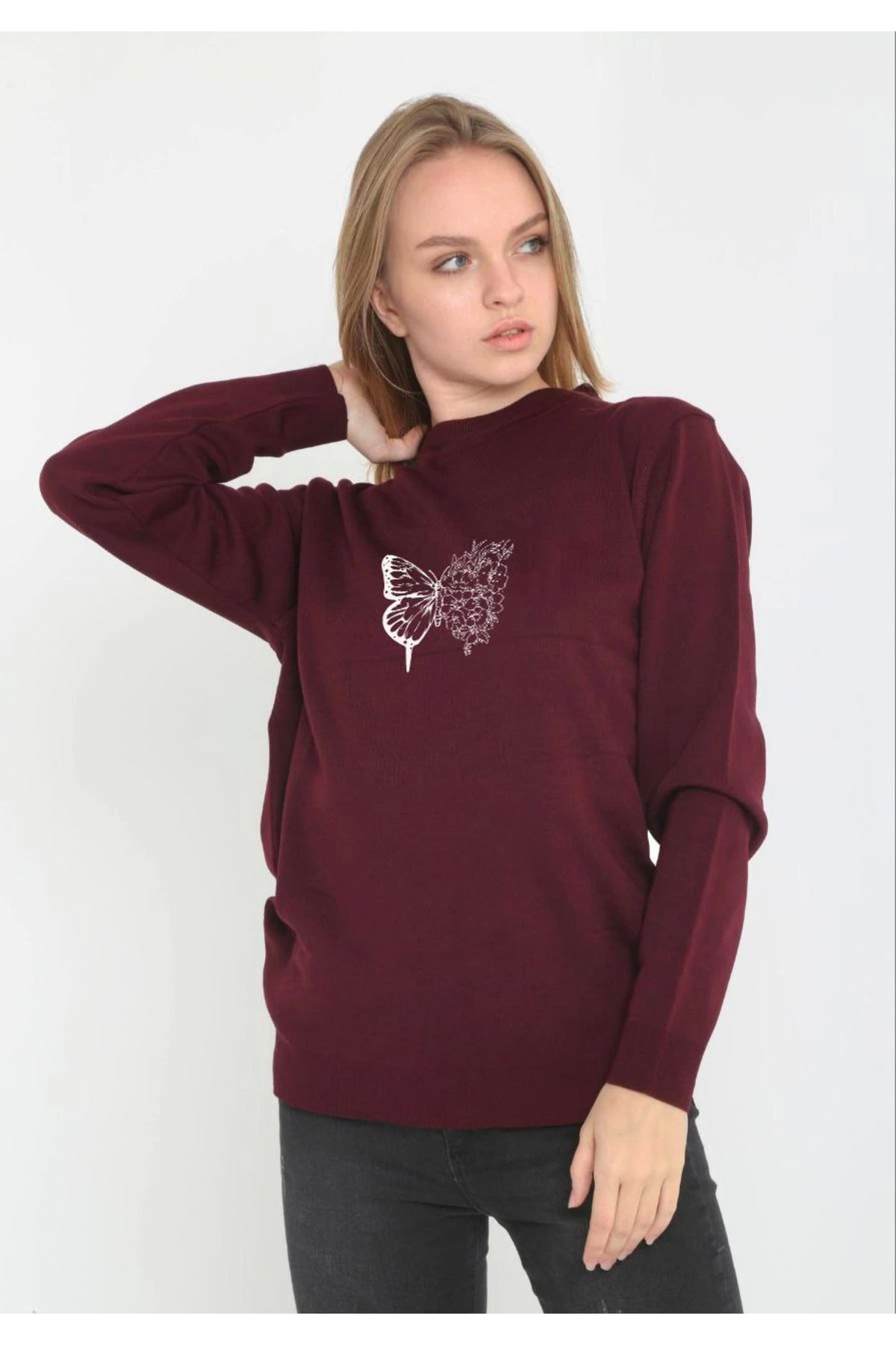 Vemora Unisex Bisiklet Yaka Baskılı Dokuma Triko - Bordo