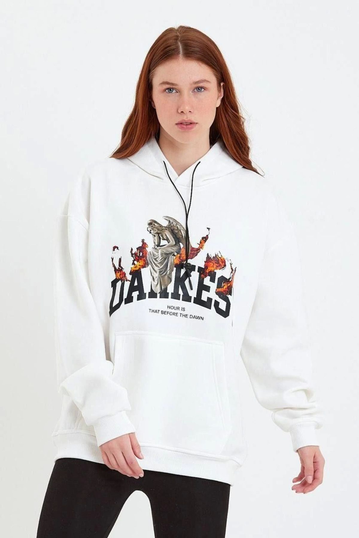 Pink Stil Kadın DANKES Baskılı Kapüşonlu Sweat - Beyaz Pink Stil