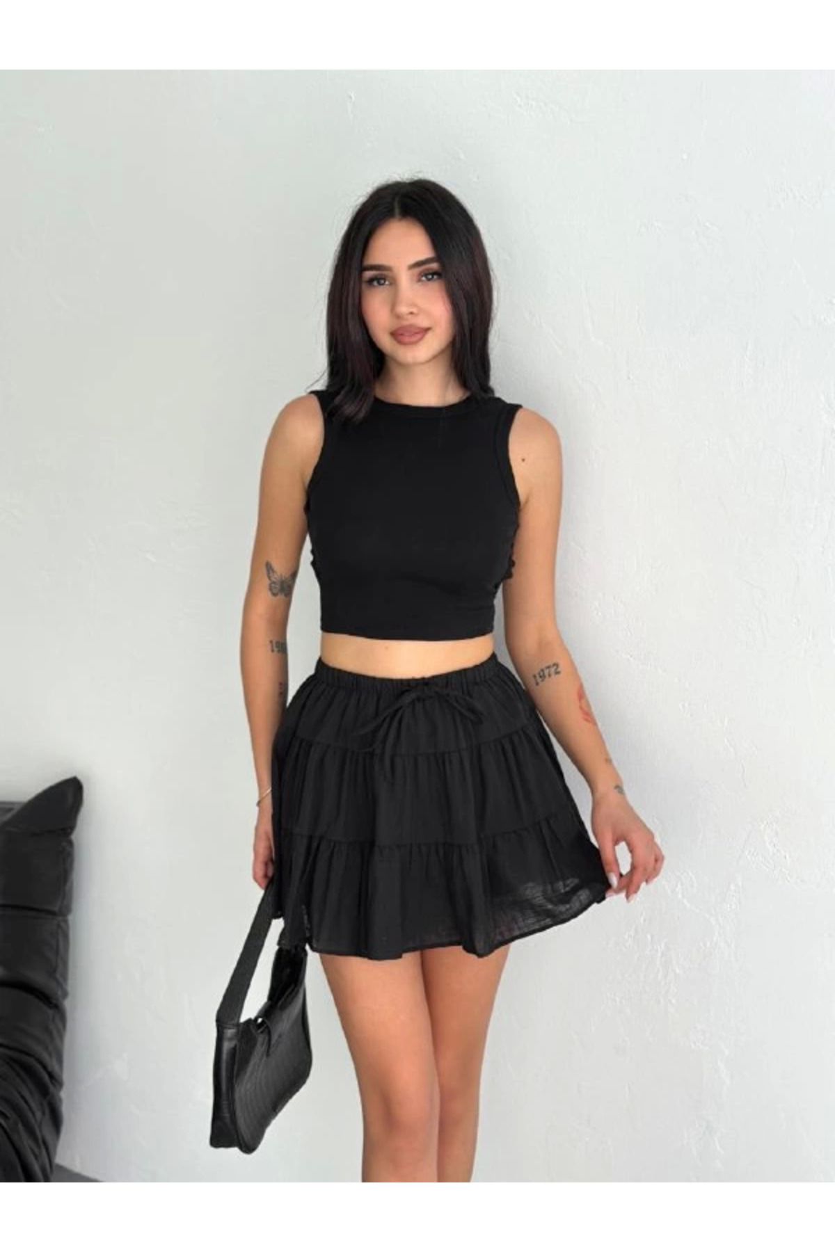 Pink Stil Keten Şortlu Etek - Siyah