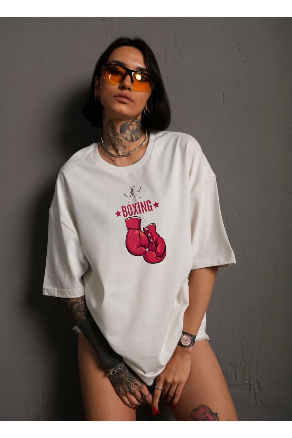 Pink Stil Unisex Bisiklet Yaka Baskılı Oversize T-Shirt - Beyaz Pink Stil