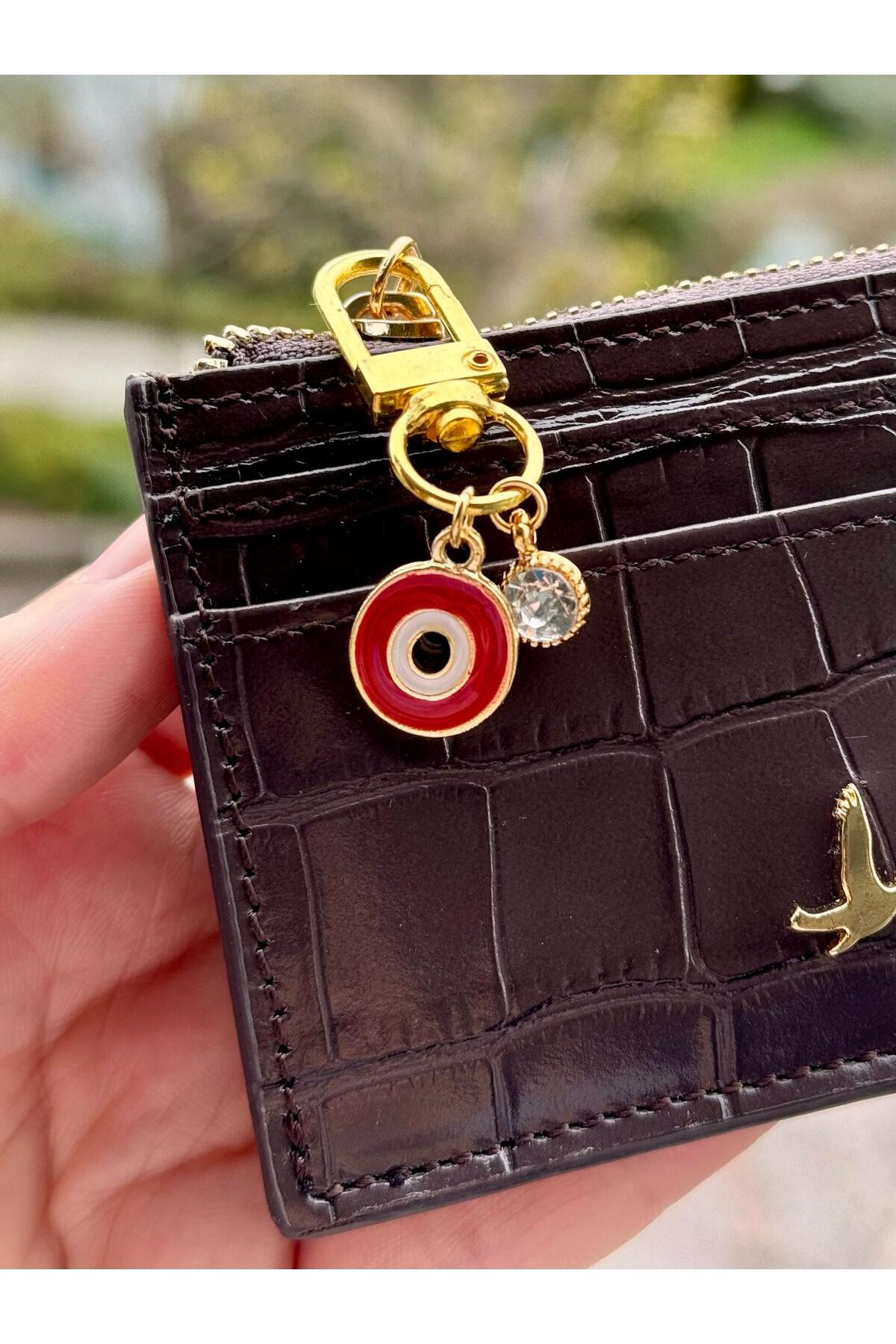 Clip-on Red Evil Eye Bead Gold Plated Solitaire Detailed Wallet Ornament Charm Bag Ornament Keychain
