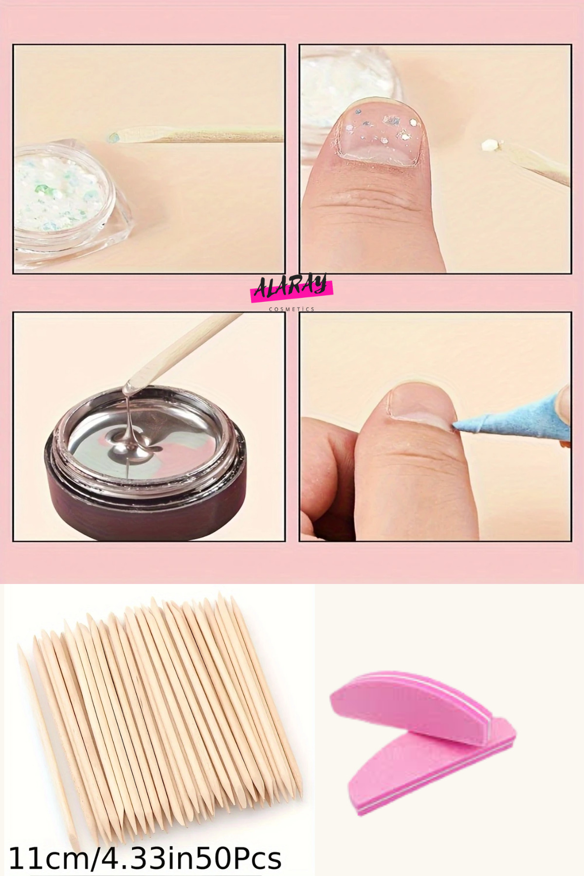 Kalıcı Oje Tips Tırnak Çıkarıcı Cutıkul düzeltici 50 Adet Portakal Cubuk Ve 2 Adet Tırnak Buffer Kit — بژ 52naılset — تصویر 3 از 5