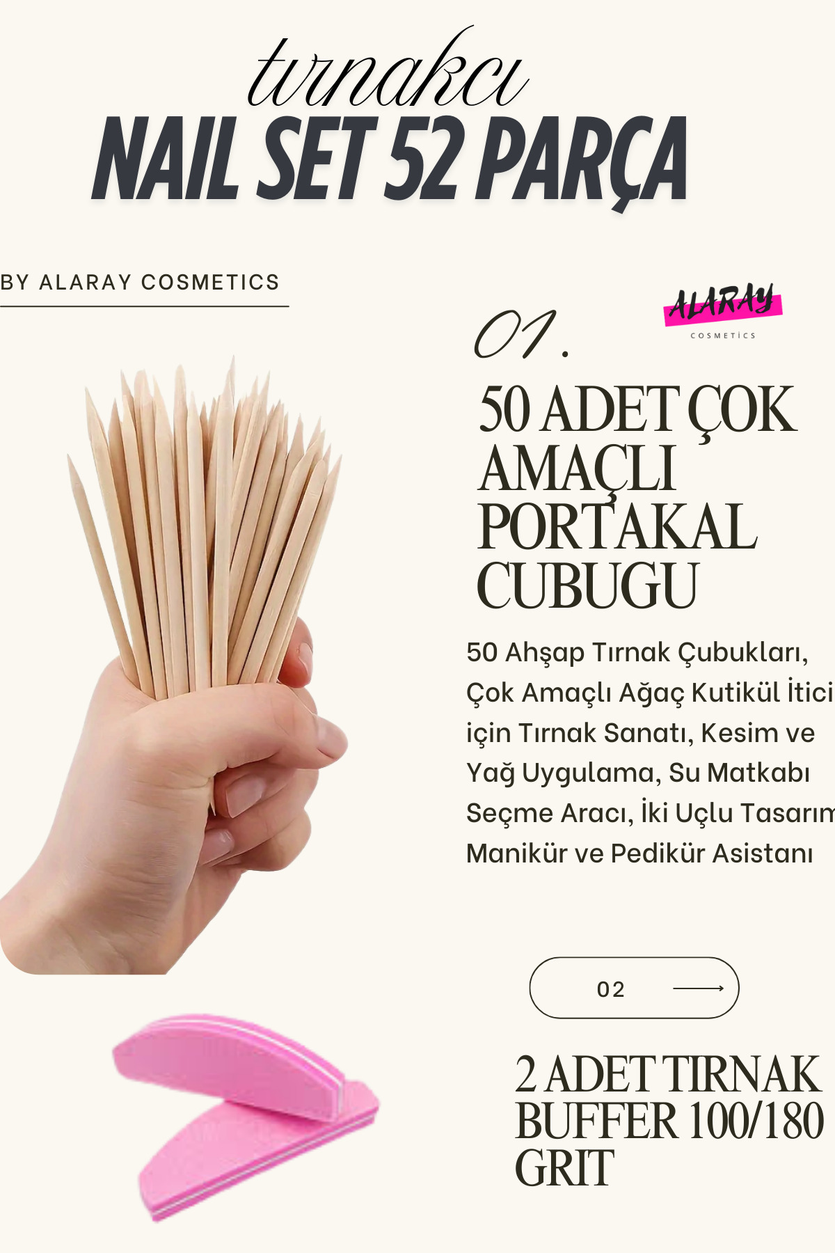 alaraycosmetics Kalıcı Oje Tips Tırnak Çıkarıcı Cutıkul düzeltici 50 Adet Portakal Cubuk Ve 2 Adet Tırnak Buffer Kit — بژ 52naılset