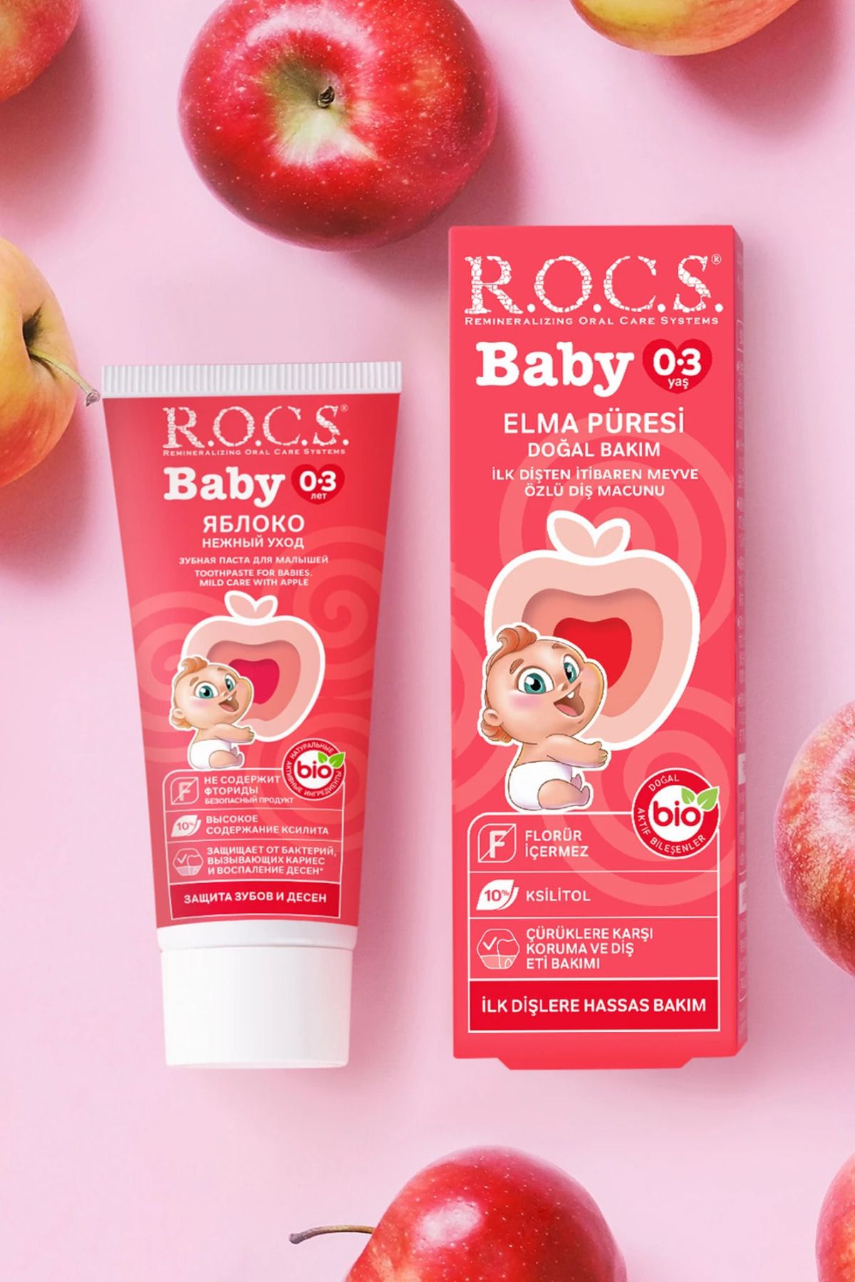 R.O.C.S. Baby 0-3 Yaş Bebeklerin Hassas Diş ve Diş Etleri İçin Elma Püresi Tadında Florürsüz Diş Macunu 45gr